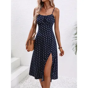 Polka Dot Print Suspender Dress Slit Long Dresses