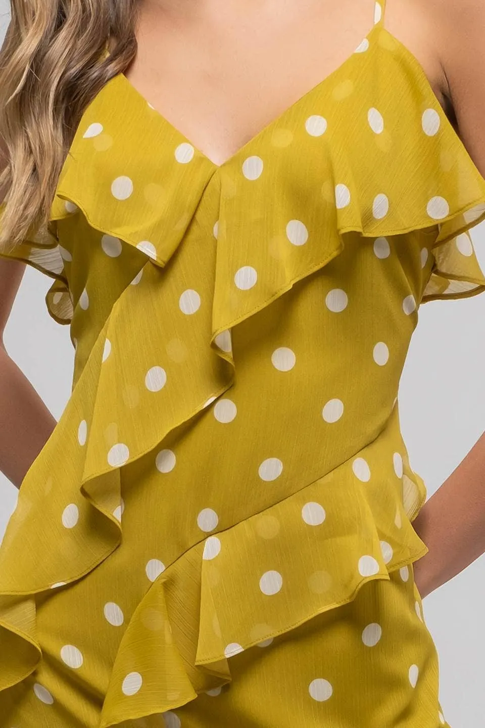 POLKA DOT RUFFLE WRAP SLEEVELESS MIDI DRESS