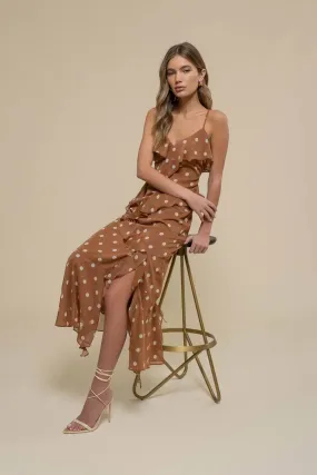 POLKA DOT RUFFLE WRAP SLEEVELESS MIDI DRESS