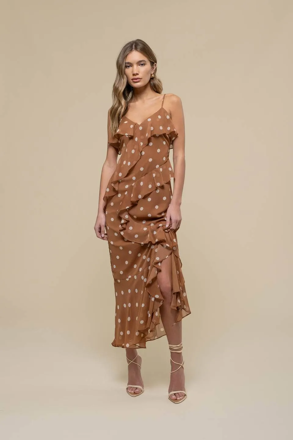 POLKA DOT RUFFLE WRAP SLEEVELESS MIDI DRESS