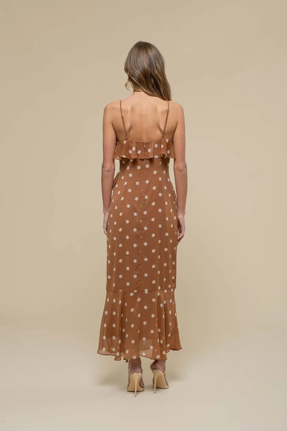 POLKA DOT RUFFLE WRAP SLEEVELESS MIDI DRESS