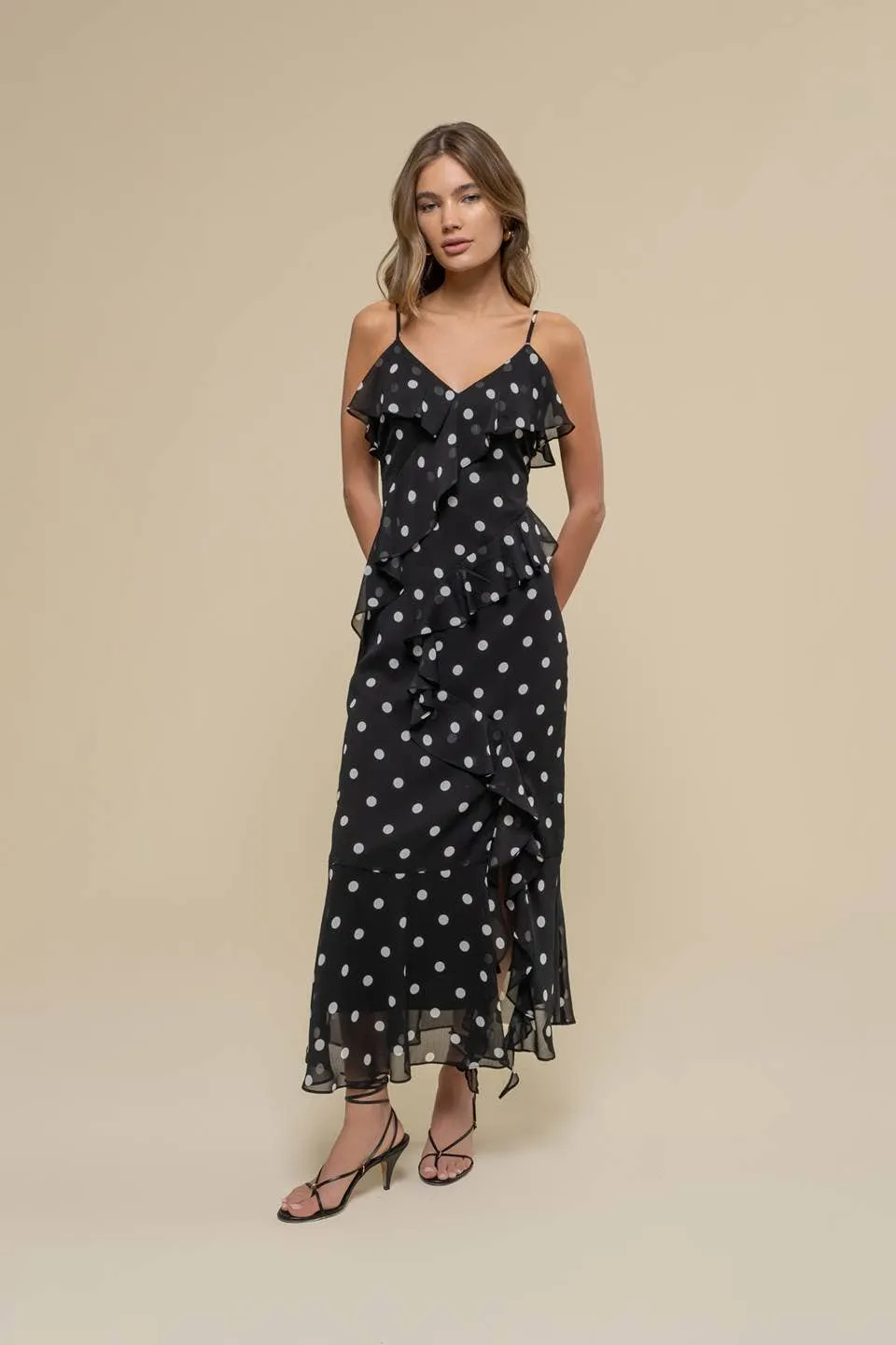 POLKA DOT RUFFLE WRAP SLEEVELESS MIDI DRESS