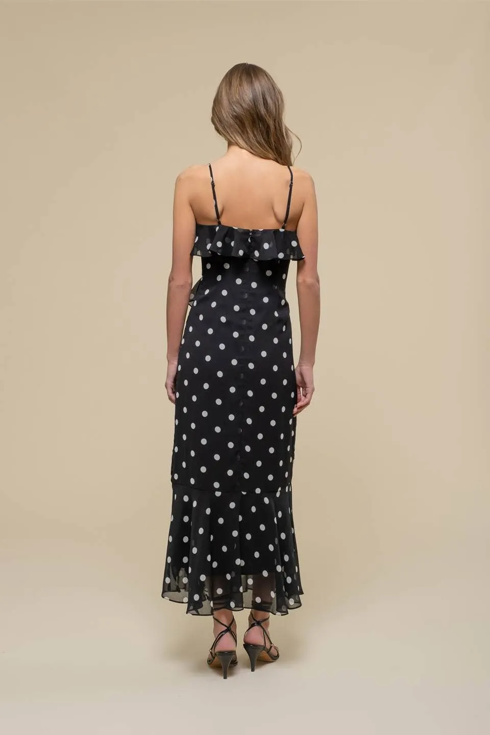 POLKA DOT RUFFLE WRAP SLEEVELESS MIDI DRESS