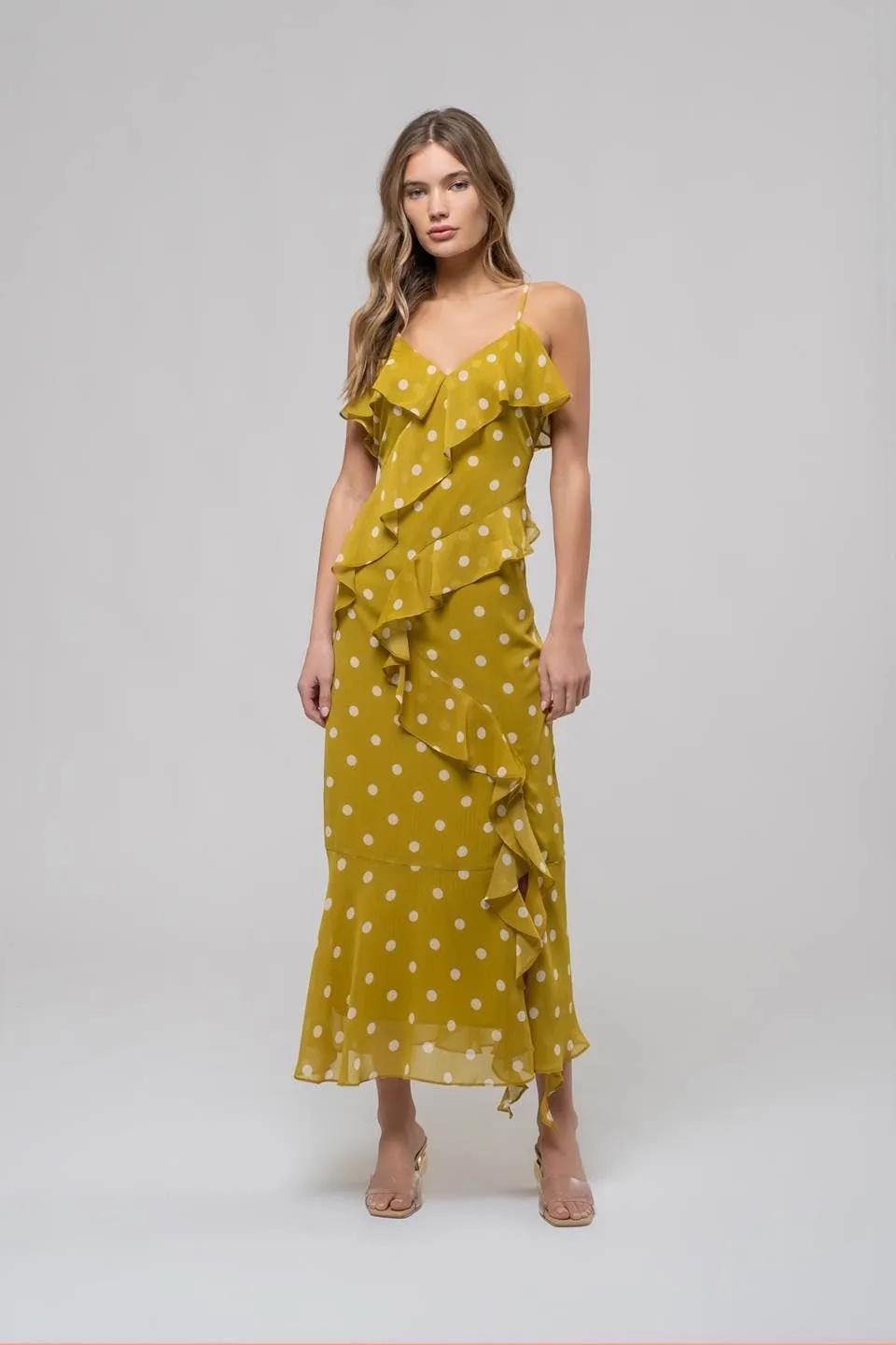 POLKA DOT RUFFLE WRAP SLEEVELESS MIDI DRESS