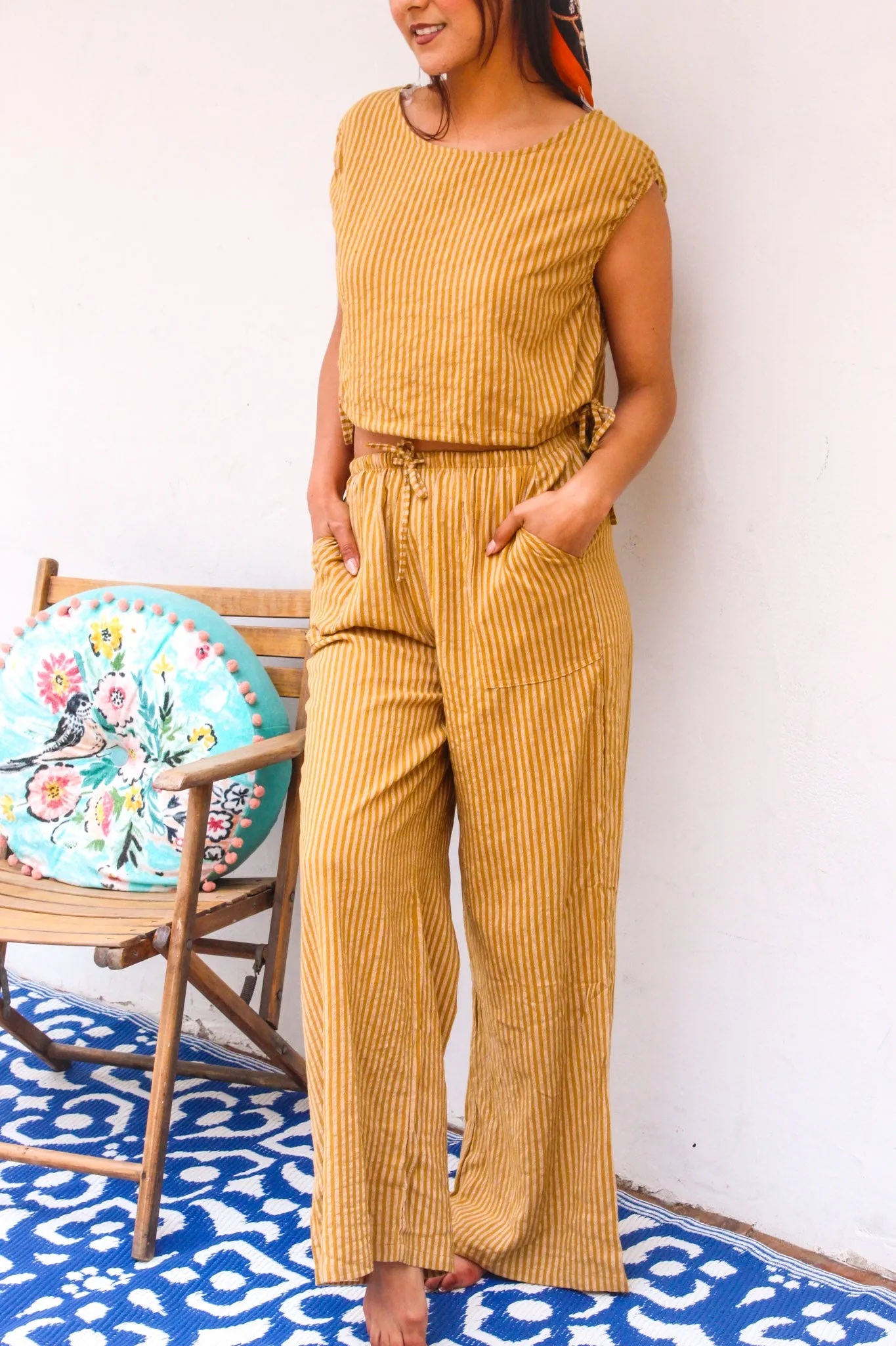 Pretty Please Top w/ Wide Leg Pant Stripe Set - Camel