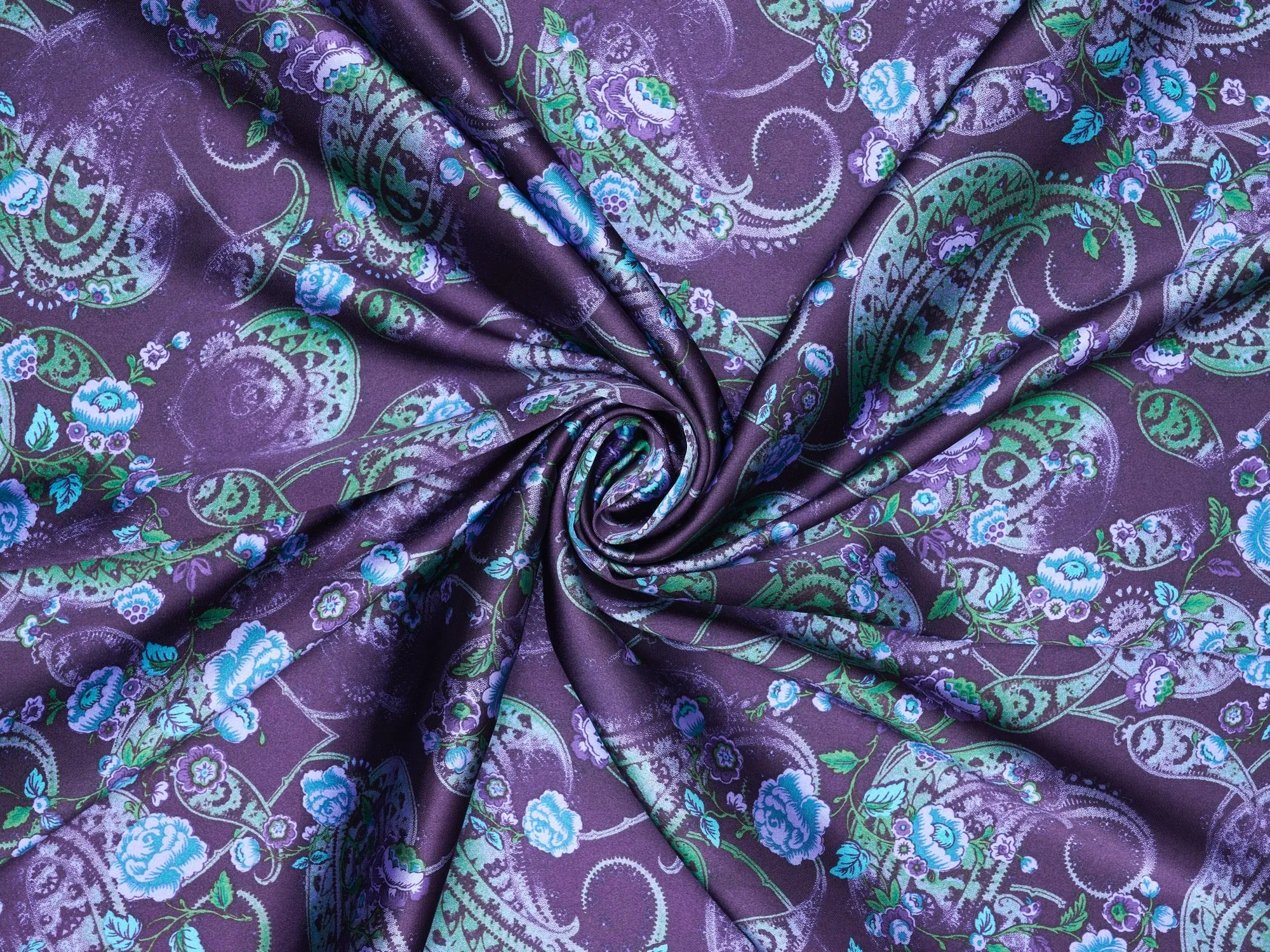 Purple and teal washed paisley  - charmeuse satin fabric by the yard - MonSar exclusive
