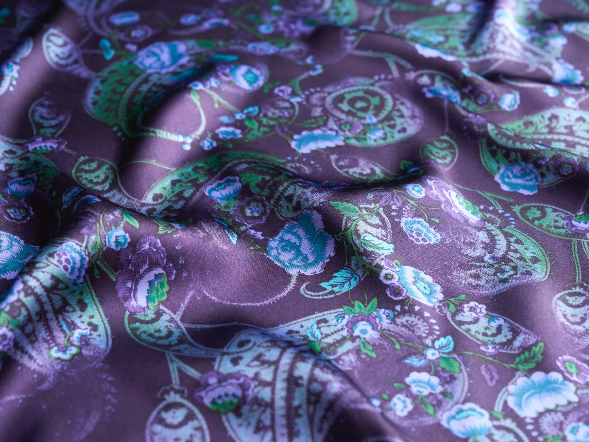 Purple and teal washed paisley  - charmeuse satin fabric by the yard - MonSar exclusive