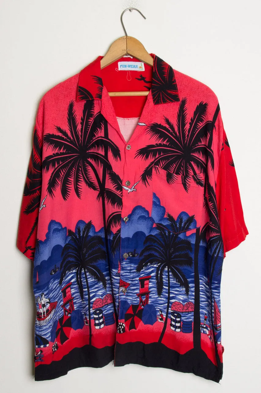 (Red) Beach Print Hawaiian Shirt