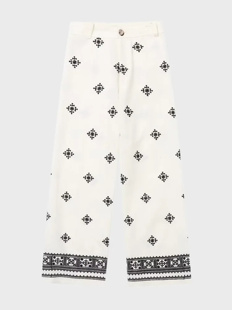 Retro Print Linen High-Waisted Pants