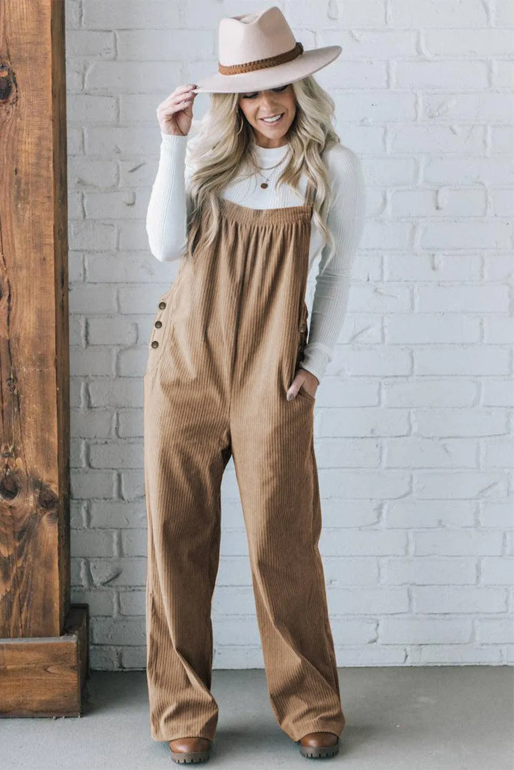 Solid Pocketed Corduroy Overalls