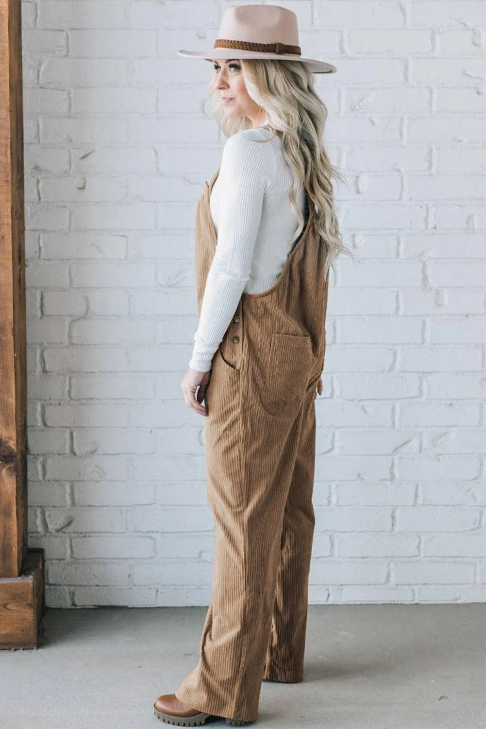 Solid Pocketed Corduroy Overalls