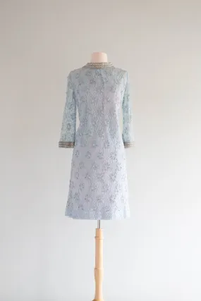 *Something Blue* Elegant 1960's Beaded Lace Mod Shift Dress / M