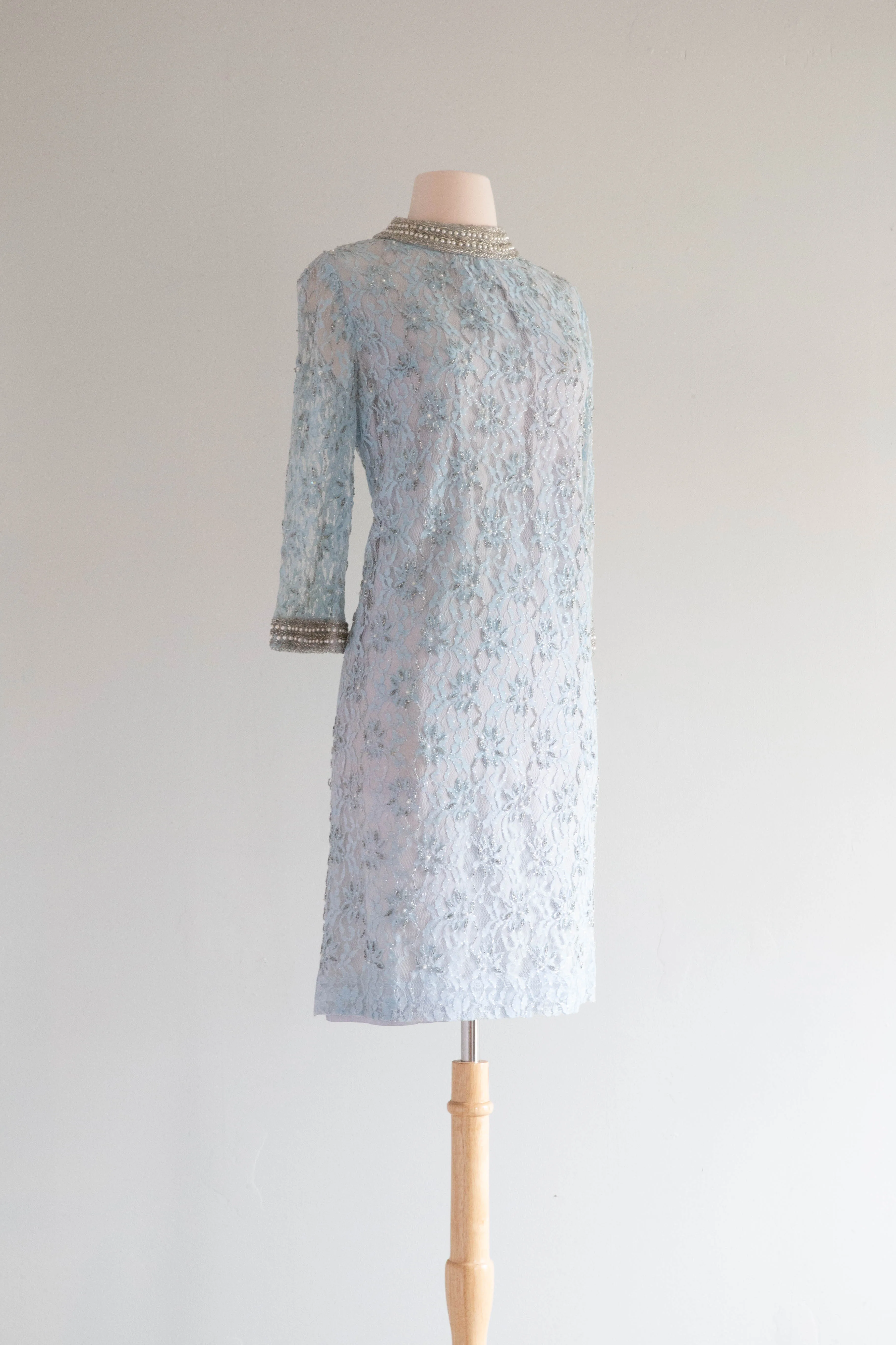 *Something Blue* Elegant 1960's Beaded Lace Mod Shift Dress / M