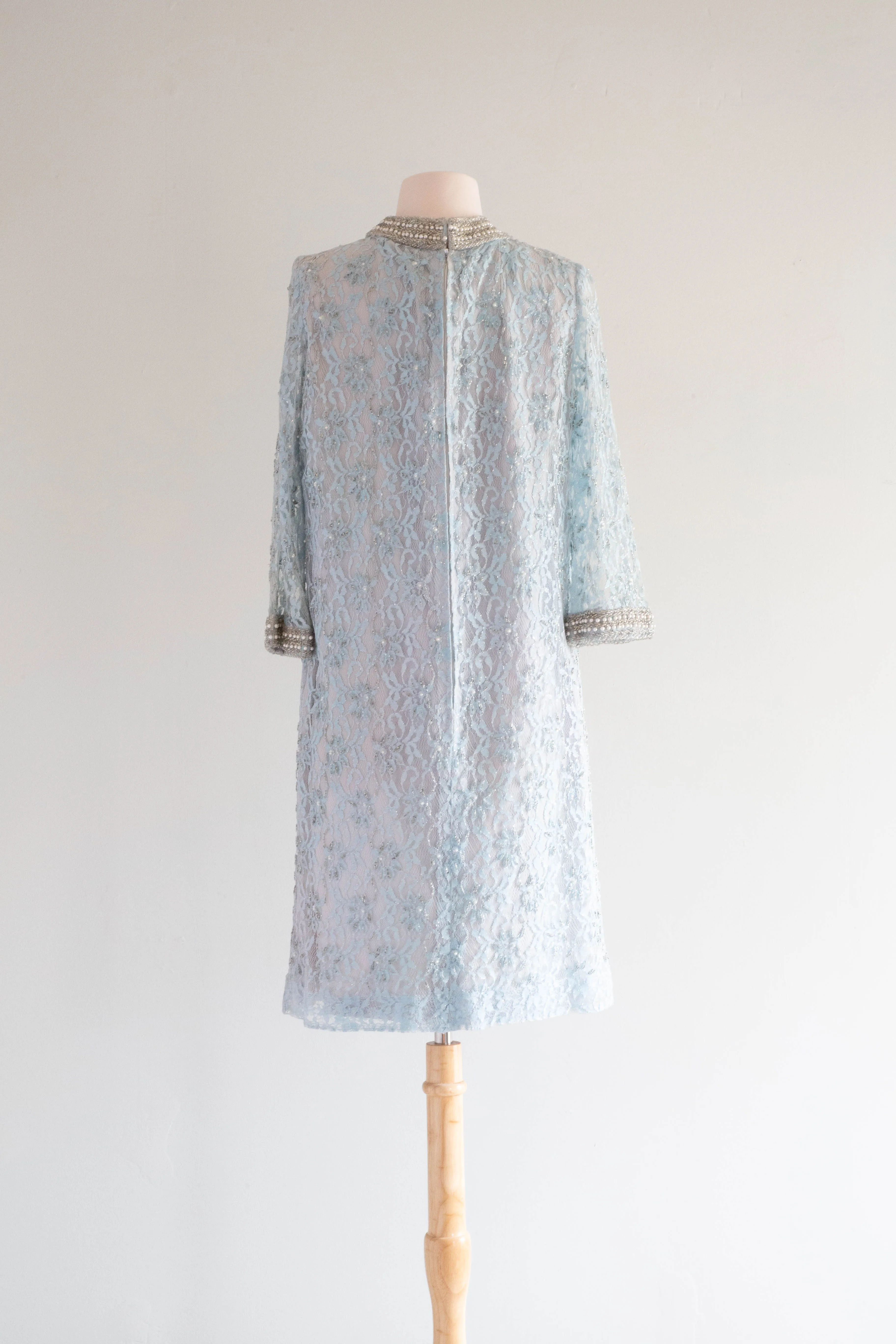 *Something Blue* Elegant 1960's Beaded Lace Mod Shift Dress / M