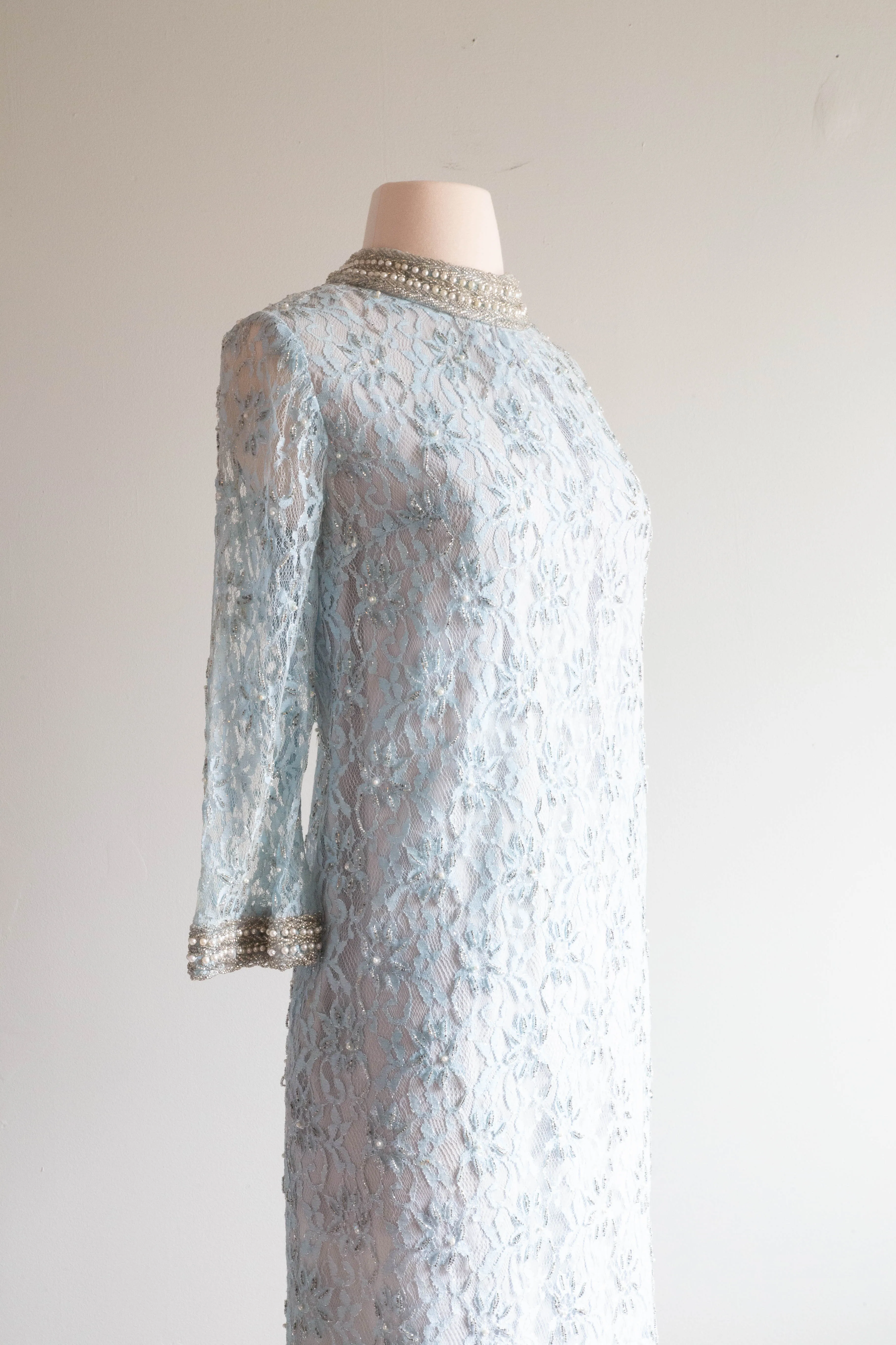*Something Blue* Elegant 1960's Beaded Lace Mod Shift Dress / M