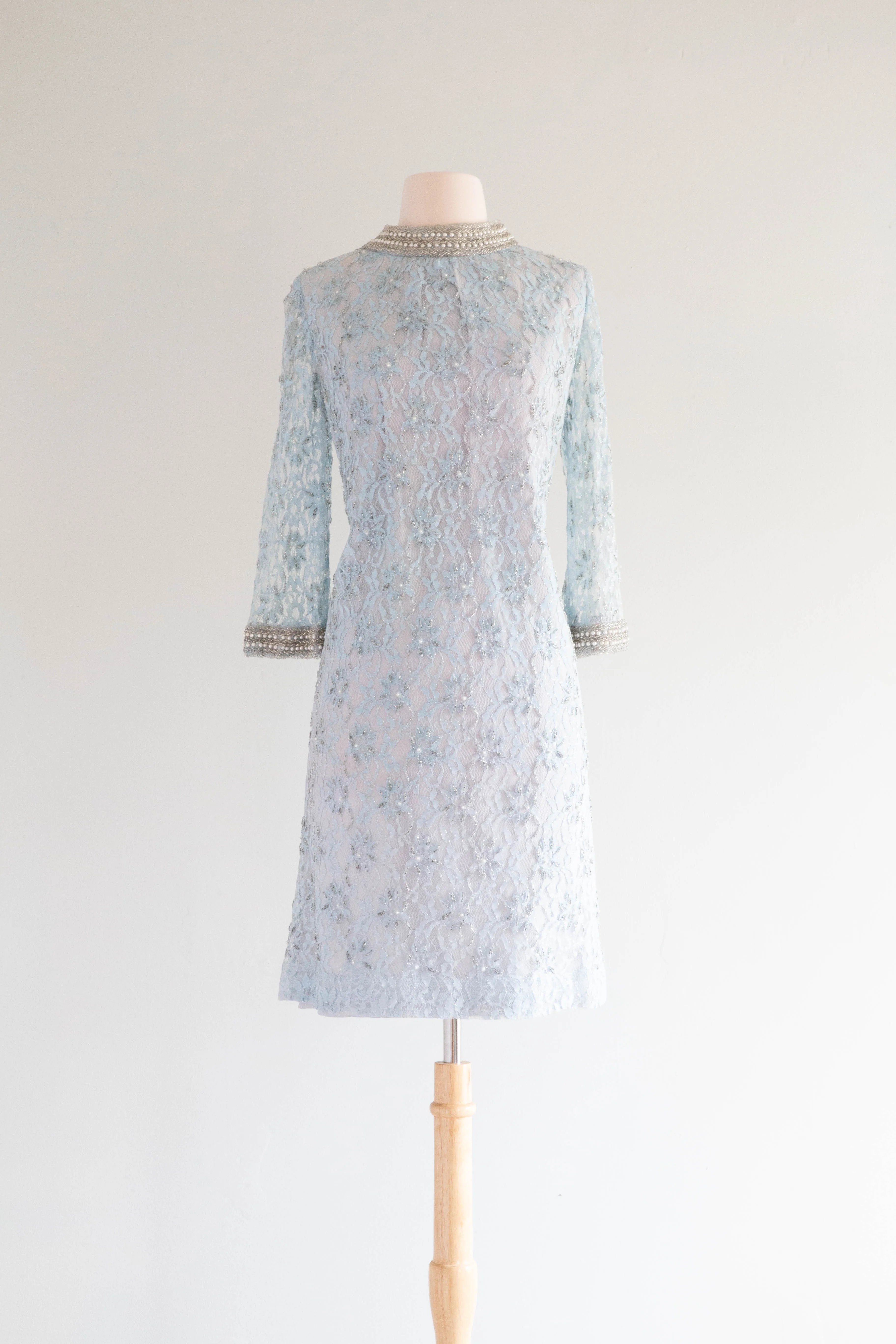 *Something Blue* Elegant 1960's Beaded Lace Mod Shift Dress / M