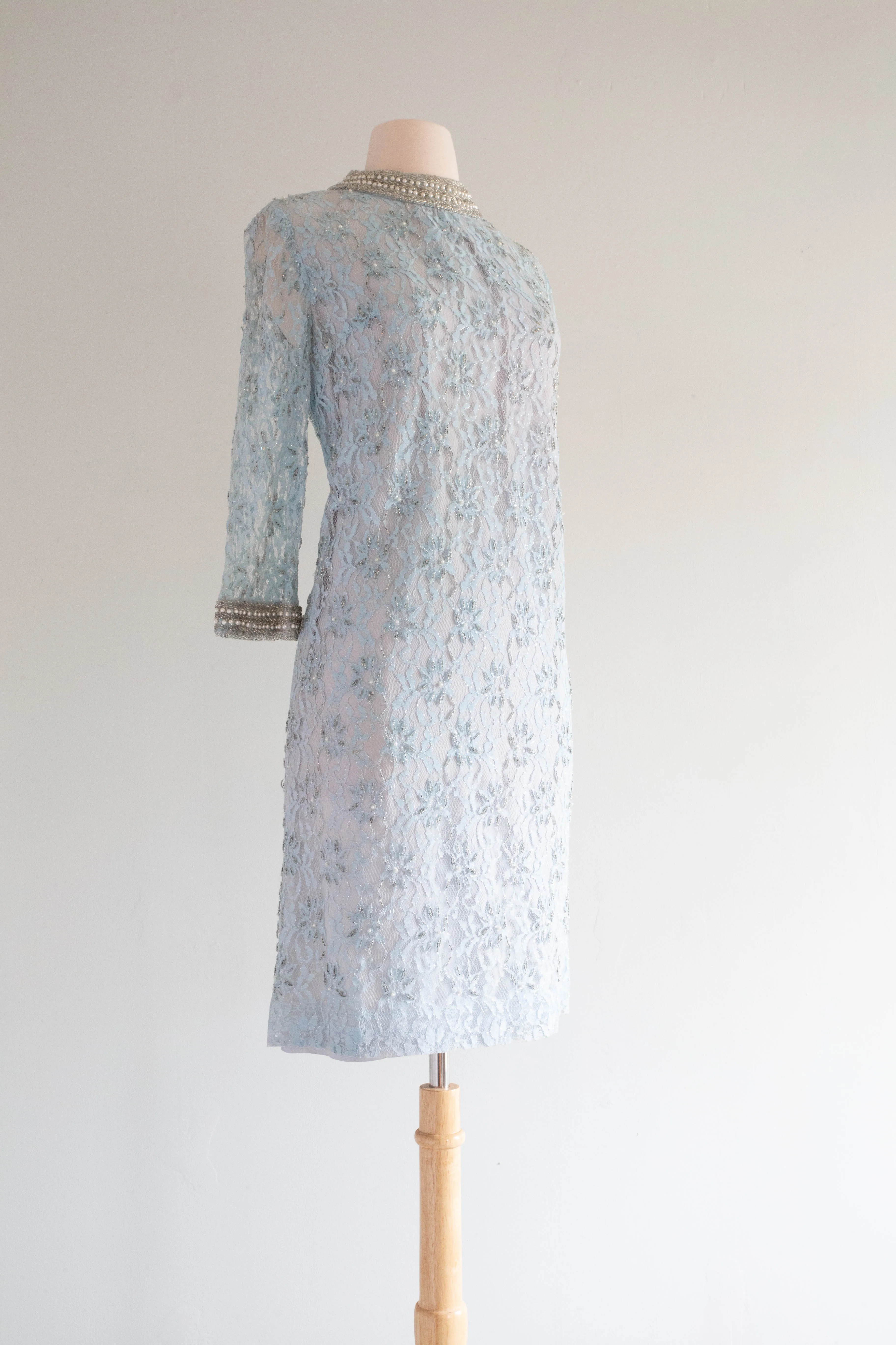 *Something Blue* Elegant 1960's Beaded Lace Mod Shift Dress / M