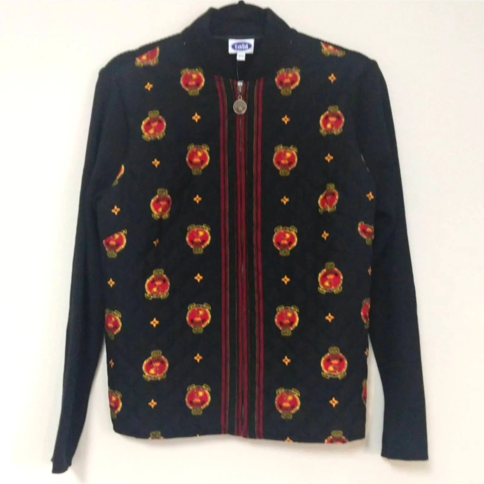 Tabi Vintage Diamond Quilted Embroidered Front Zip up Cardigan Medium