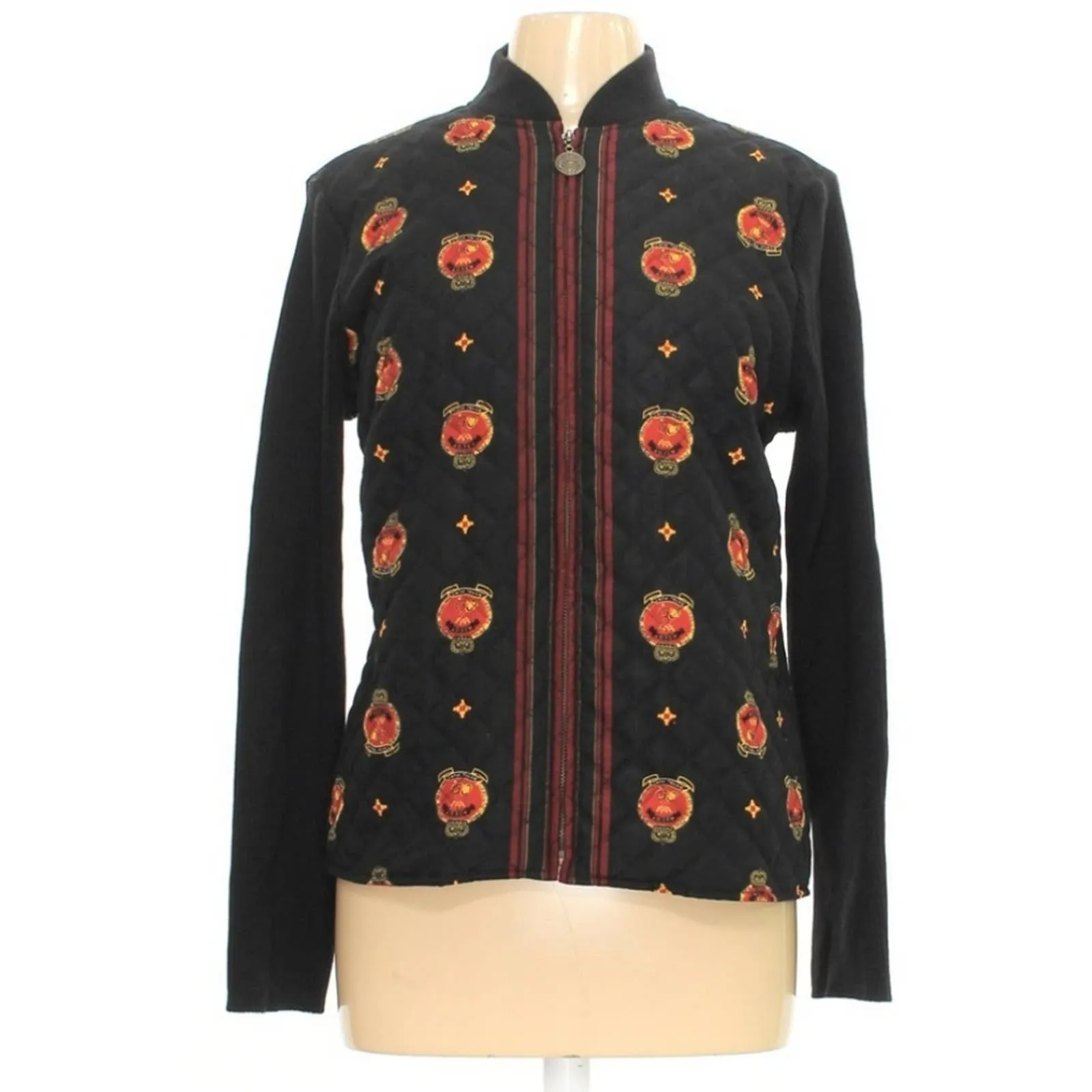 Tabi Vintage Diamond Quilted Embroidered Front Zip up Cardigan Medium