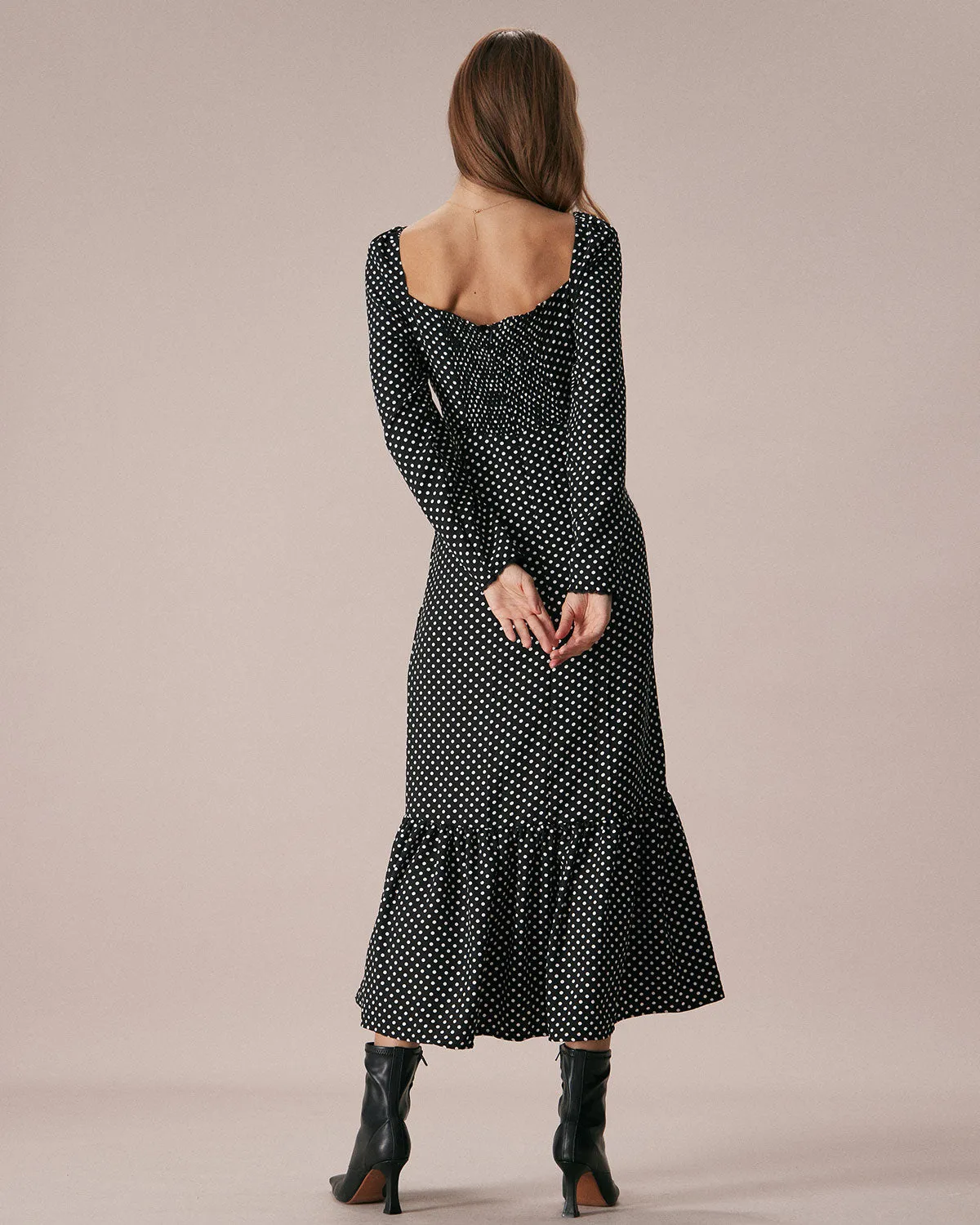 The Black Square Neck Polka Dot Maxi Dress