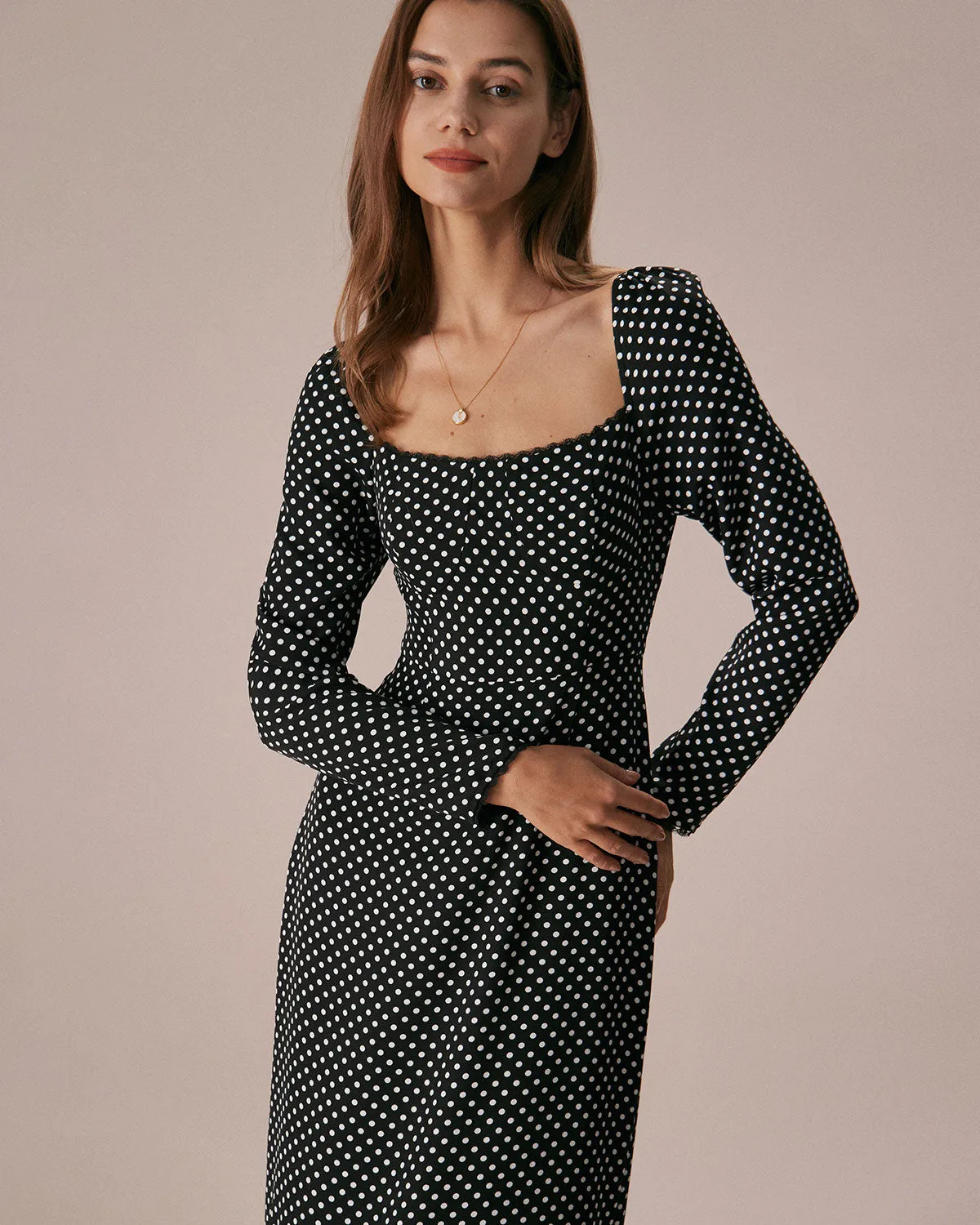 The Black Square Neck Polka Dot Maxi Dress