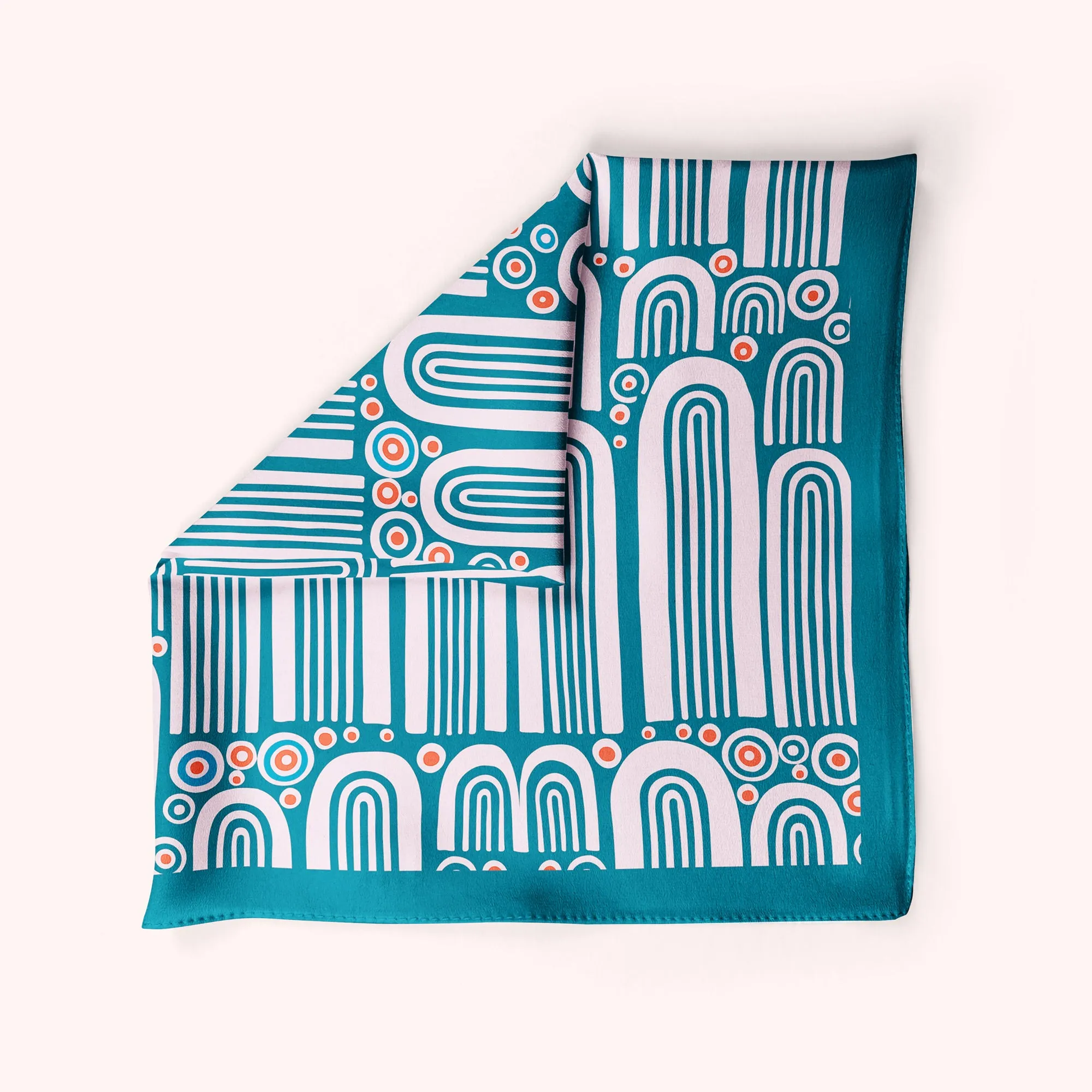 Tides - teal silk scarf with organic waves and rainbows
