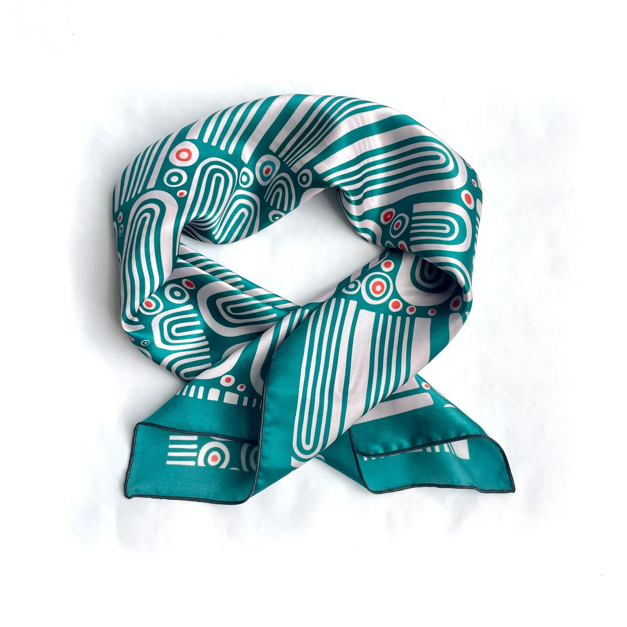 Tides - teal silk scarf with organic waves and rainbows