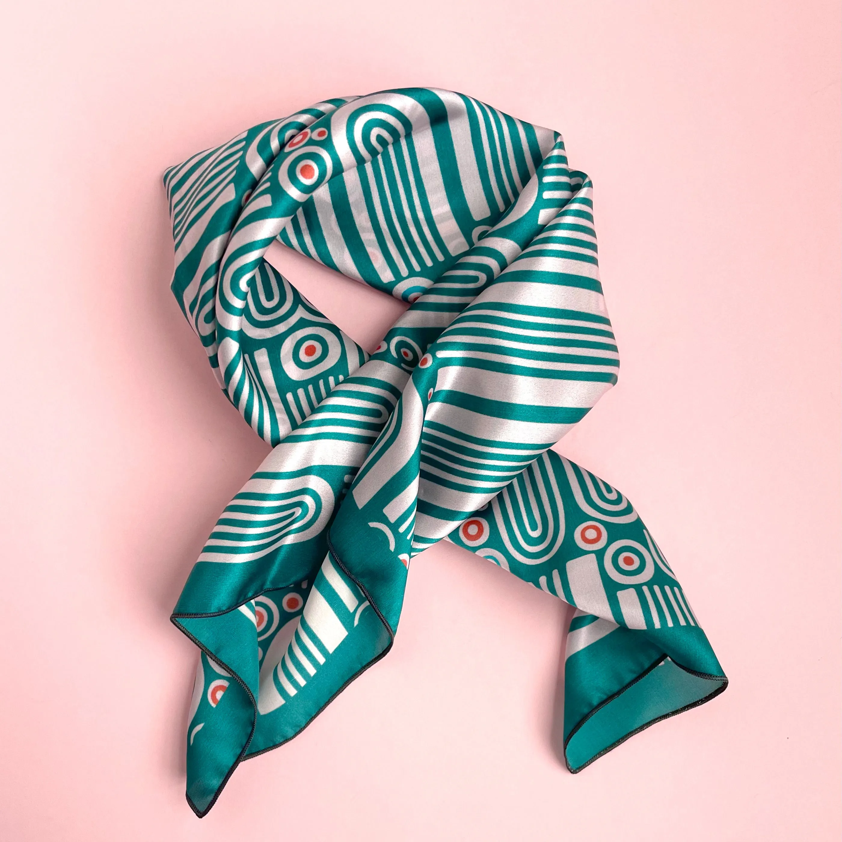Tides - teal silk scarf with organic waves and rainbows