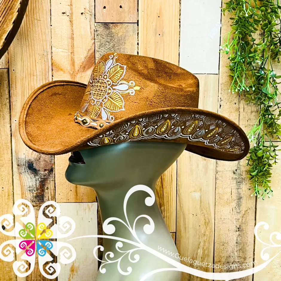 Tobacco Mitla Cowboy Velvet Hat - Hand Painted Hat