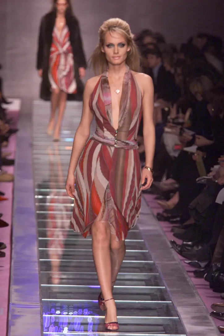 VERSACE PINK ABSTRACT PRINT HALTER DRESS WITH LACE PANELS 2000