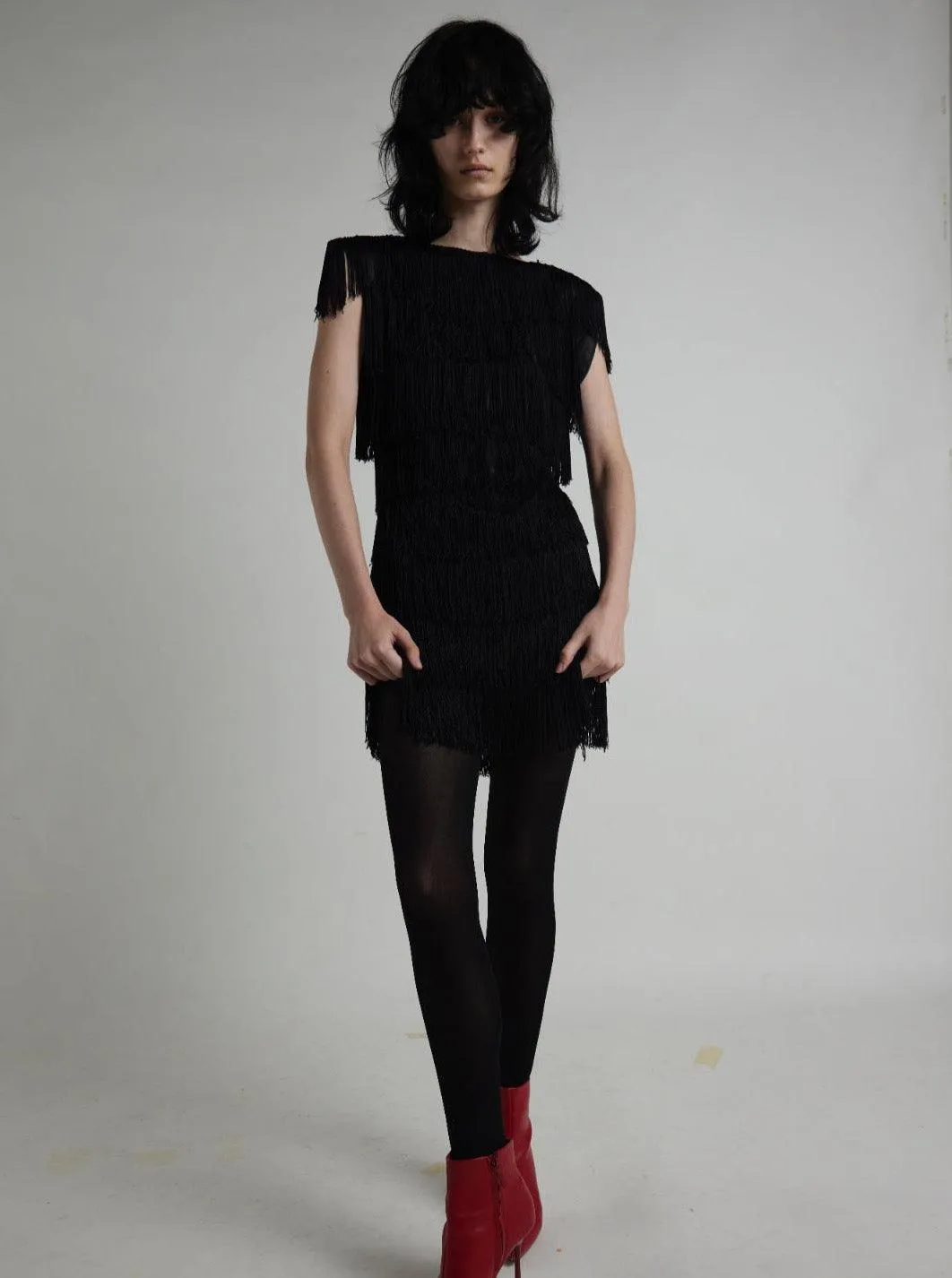 Vintage 1960s Black Short Fringe Dress