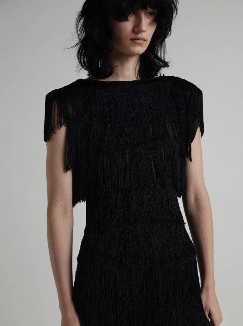 Vintage 1960s Black Short Fringe Dress