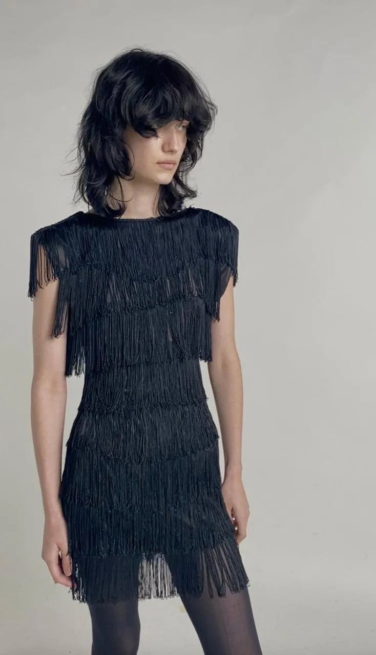 Vintage 1960s Black Short Fringe Dress