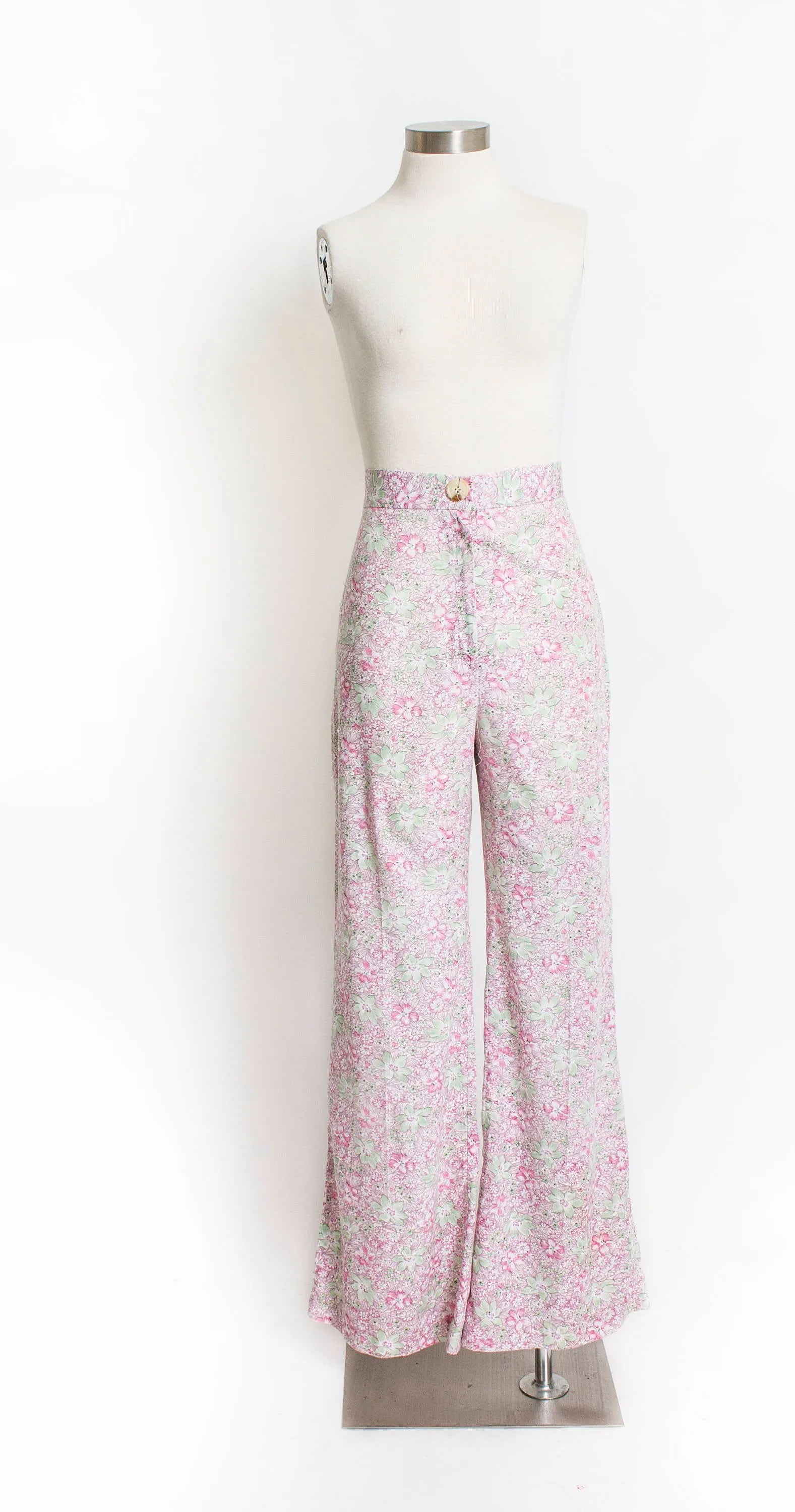 Vintage 1970s Ensemble Cotton Floral Pink Green Pants Boho Blouse Set Small
