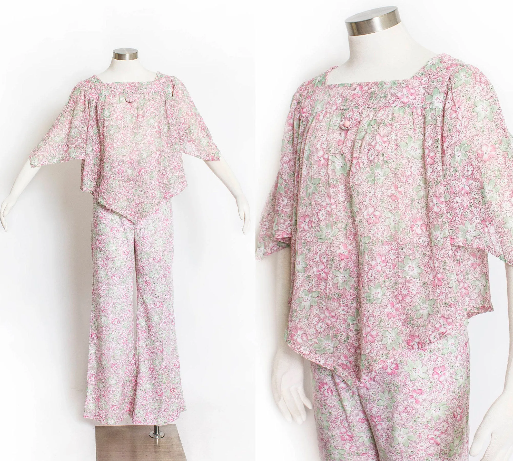 Vintage 1970s Ensemble Cotton Floral Pink Green Pants Boho Blouse Set Small