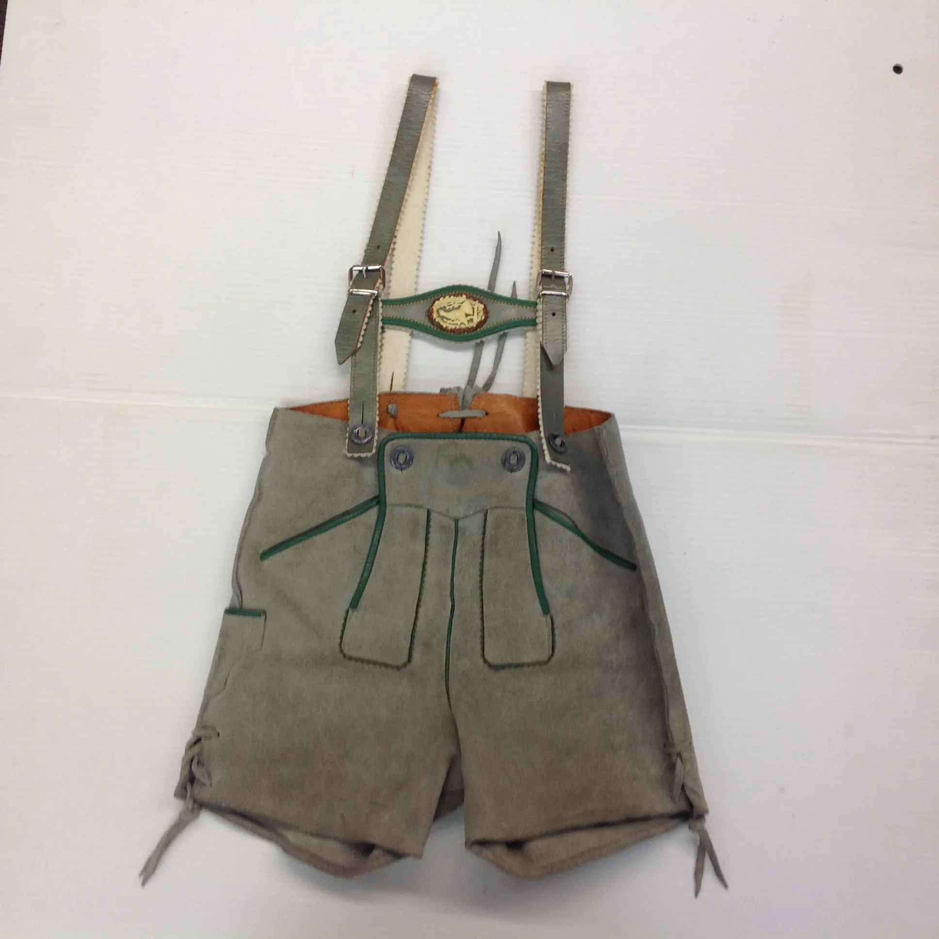 Vintage 2Pc Child's Weiner Werkstatte Lederhosen and Jacket Gray Red Green Wool Suede