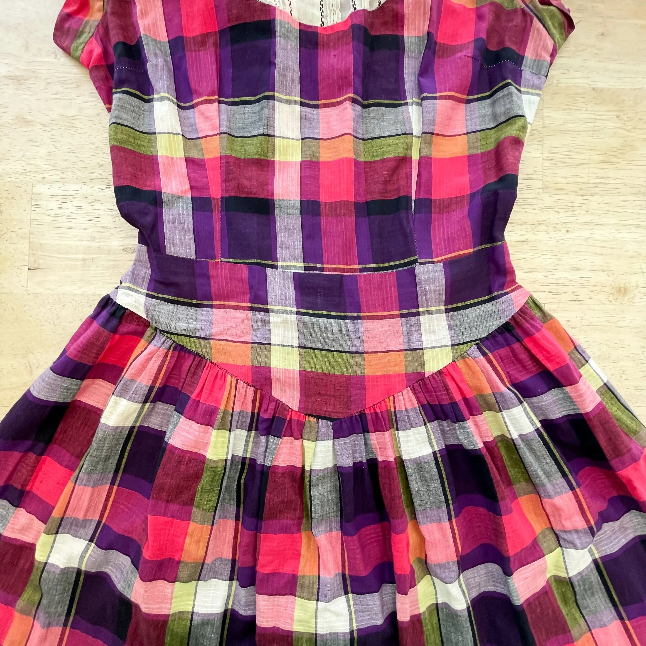Vintage 50s Pink Plaid Mini Dress   Peter Pan Collar, Rhinestone Buttons, Girls/Teen