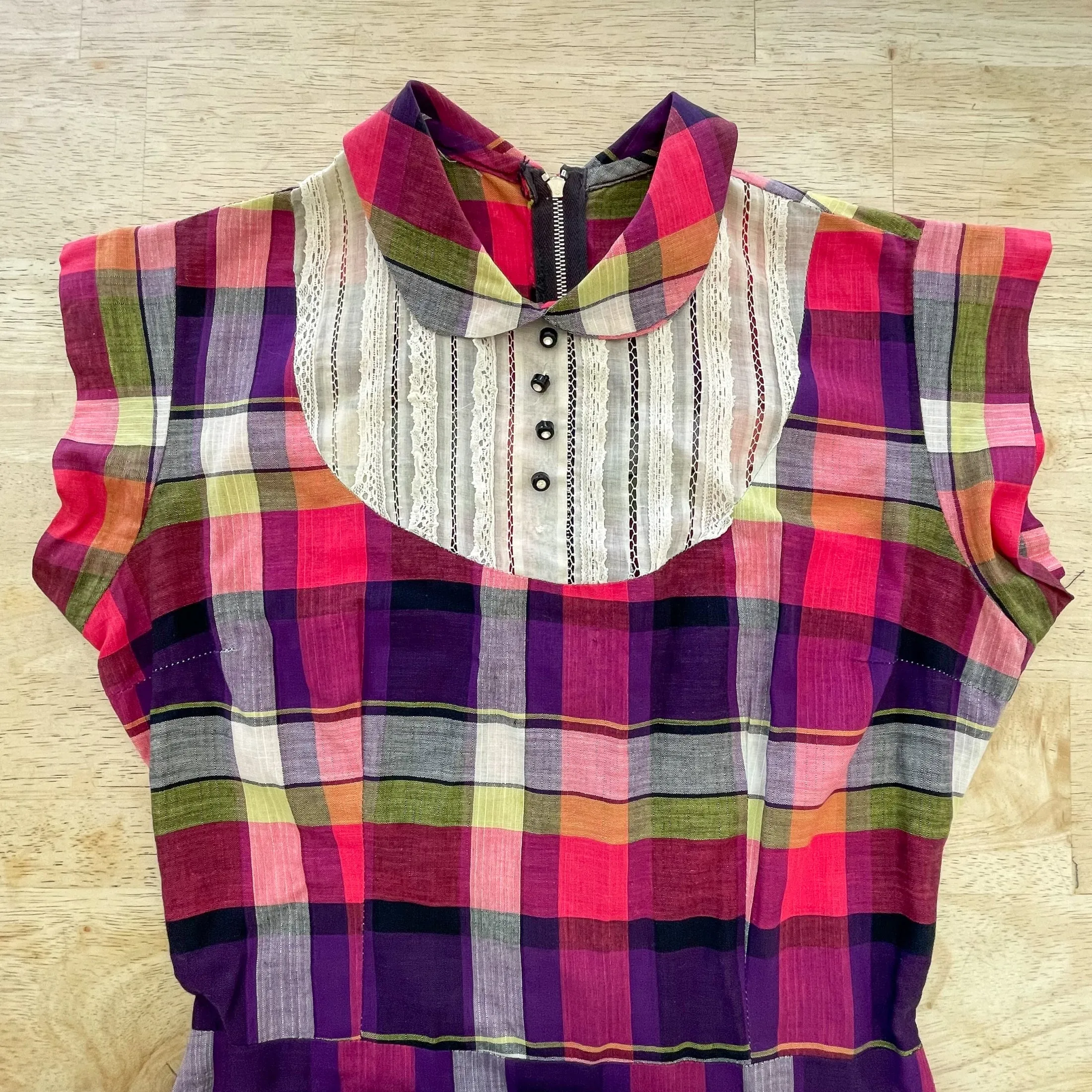 Vintage 50s Pink Plaid Mini Dress   Peter Pan Collar, Rhinestone Buttons, Girls/Teen