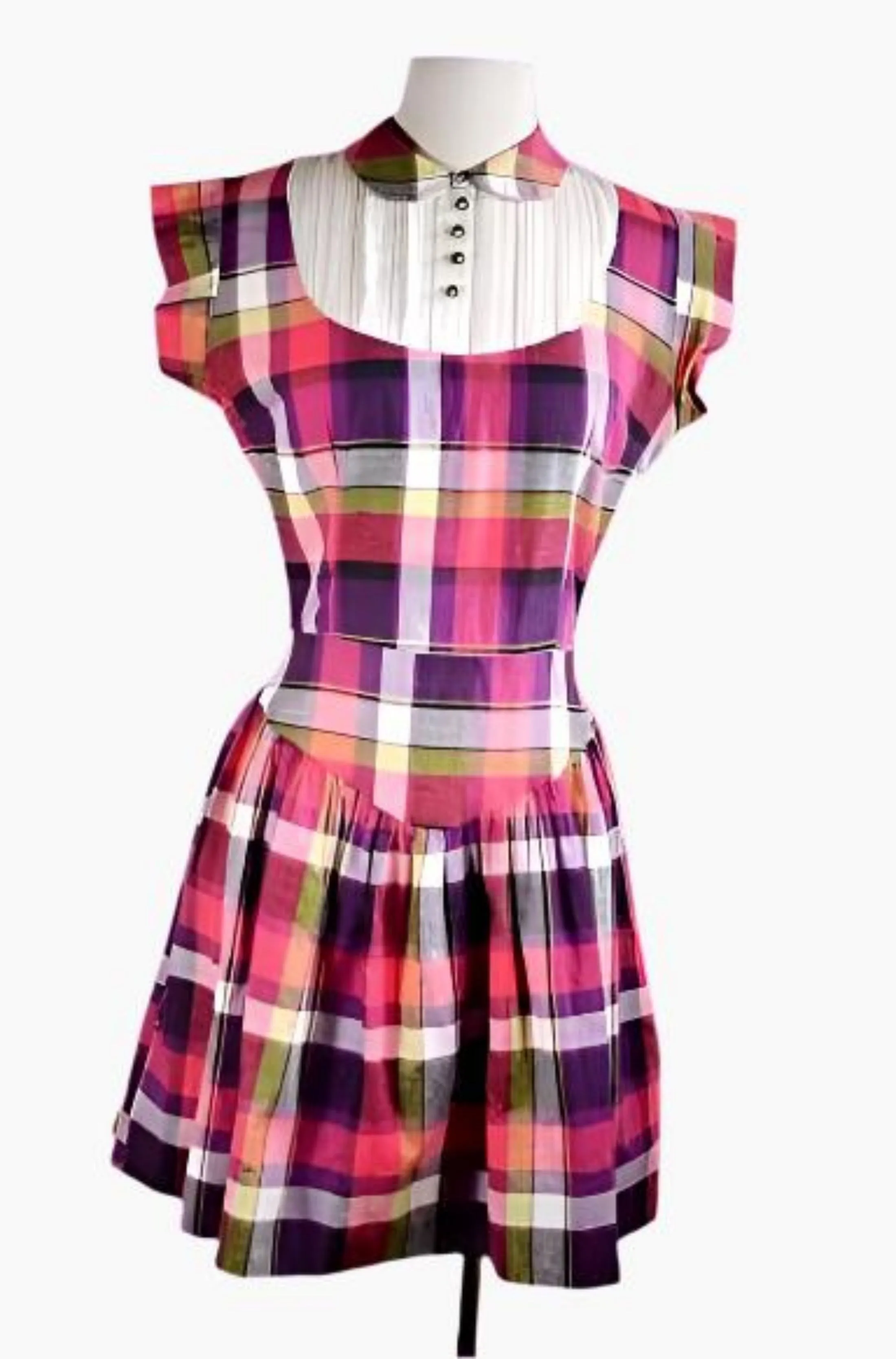 Vintage 50s Pink Plaid Mini Dress   Peter Pan Collar, Rhinestone Buttons, Girls/Teen