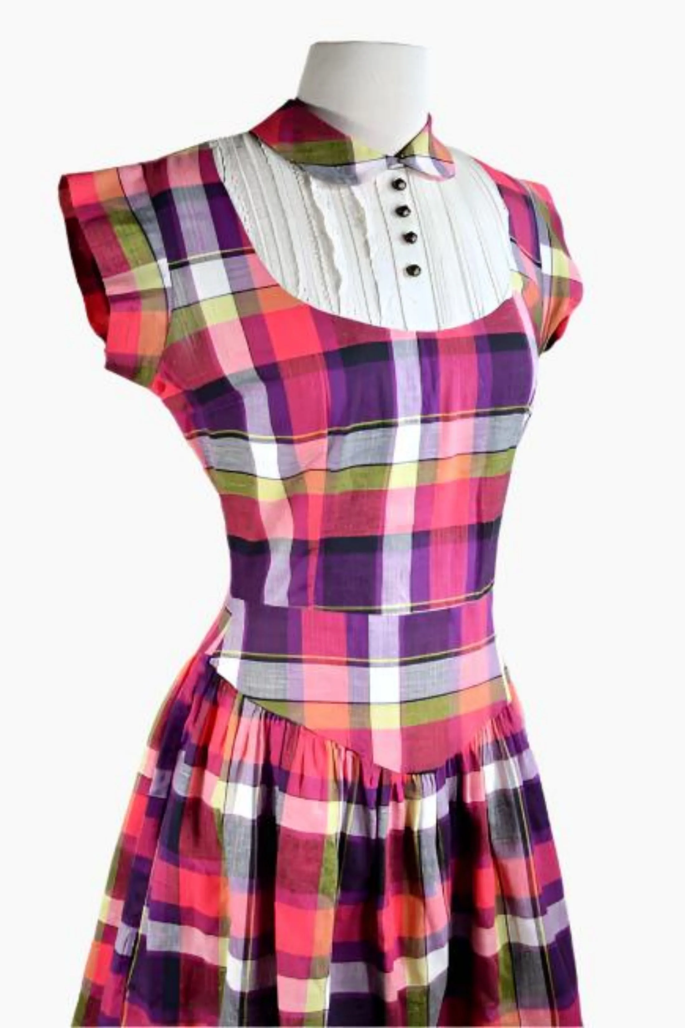 Vintage 50s Pink Plaid Mini Dress   Peter Pan Collar, Rhinestone Buttons, Girls/Teen