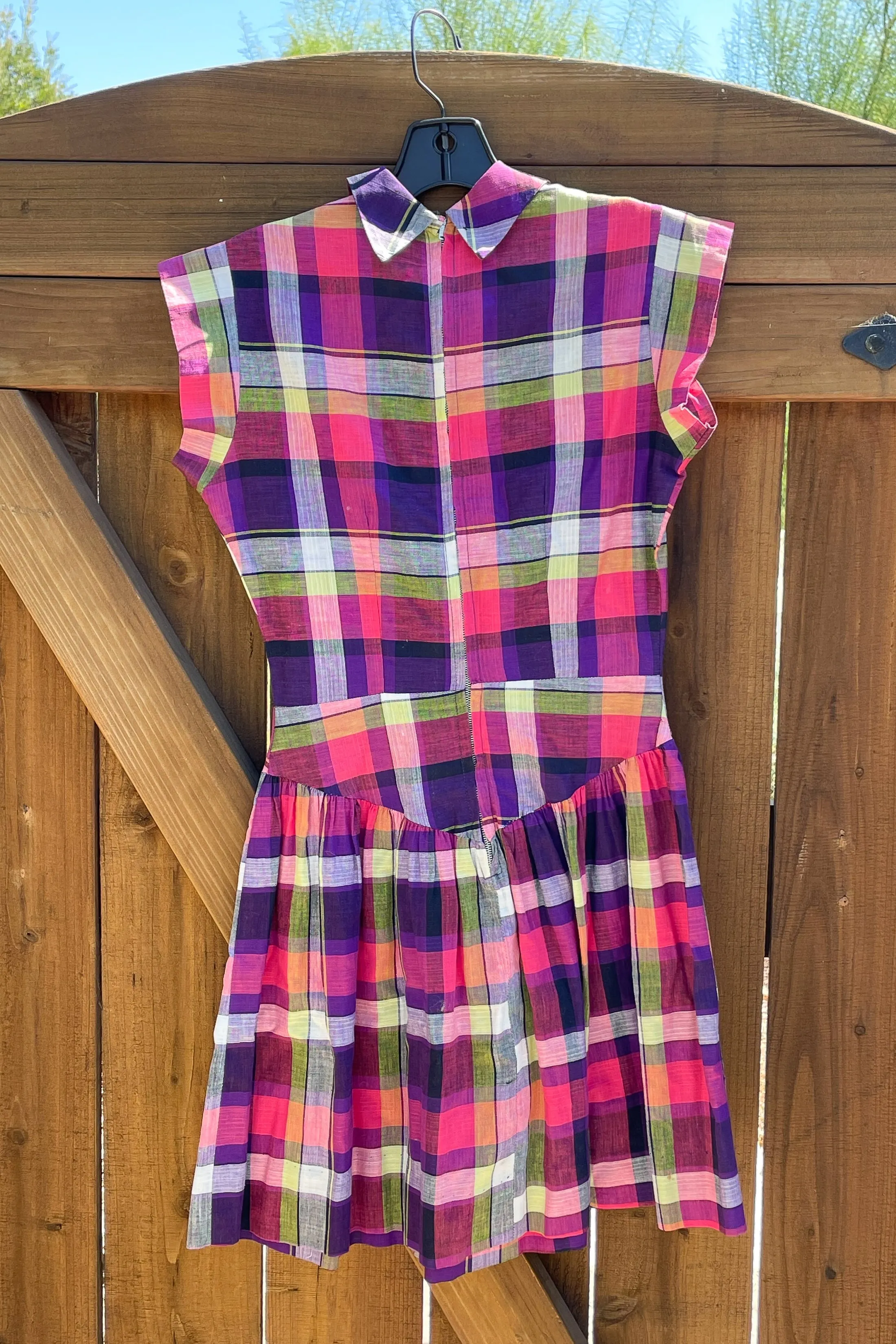 Vintage 50s Pink Plaid Mini Dress   Peter Pan Collar, Rhinestone Buttons, Girls/Teen