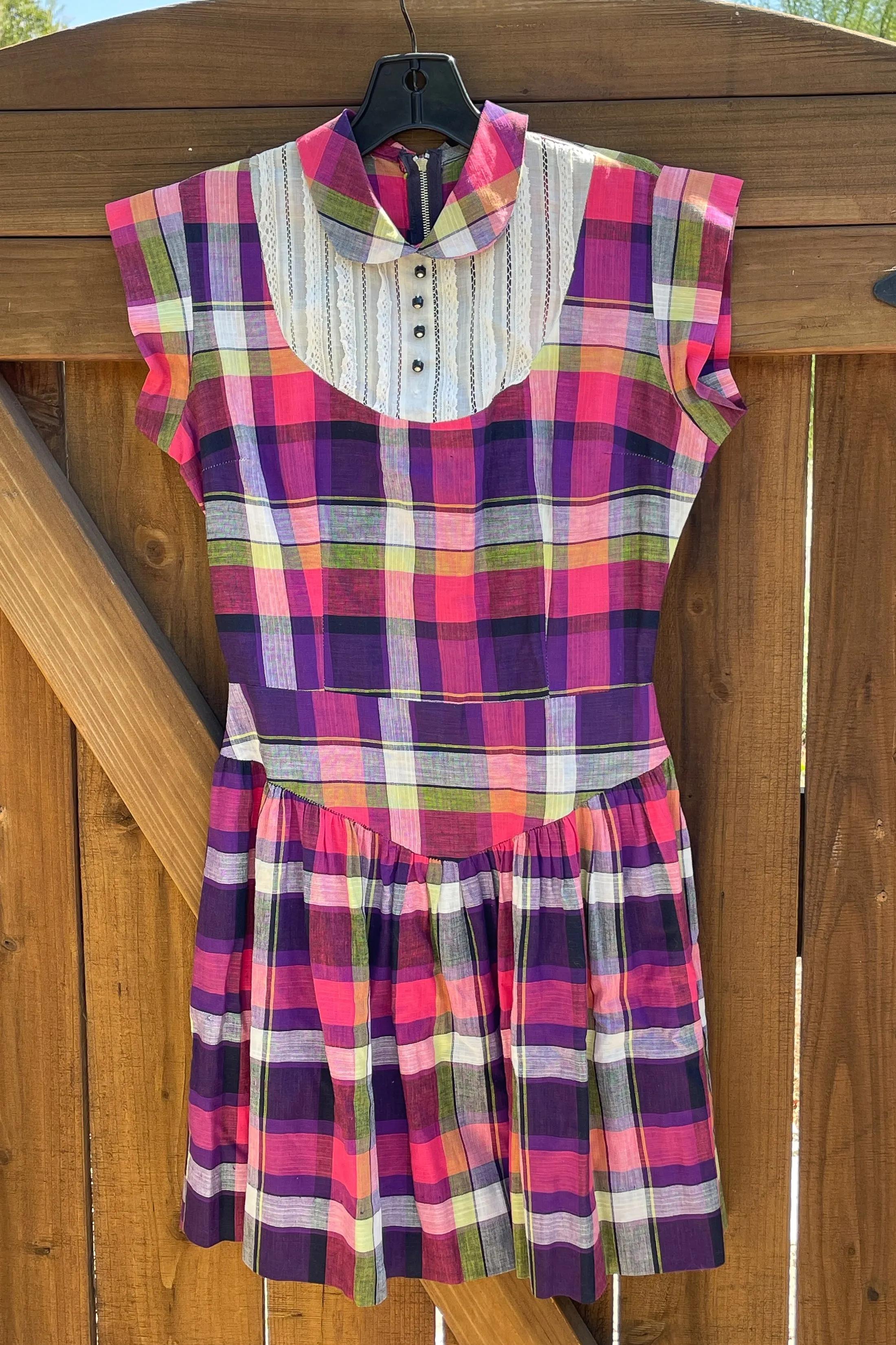 Vintage 50s Pink Plaid Mini Dress   Peter Pan Collar, Rhinestone Buttons, Girls/Teen