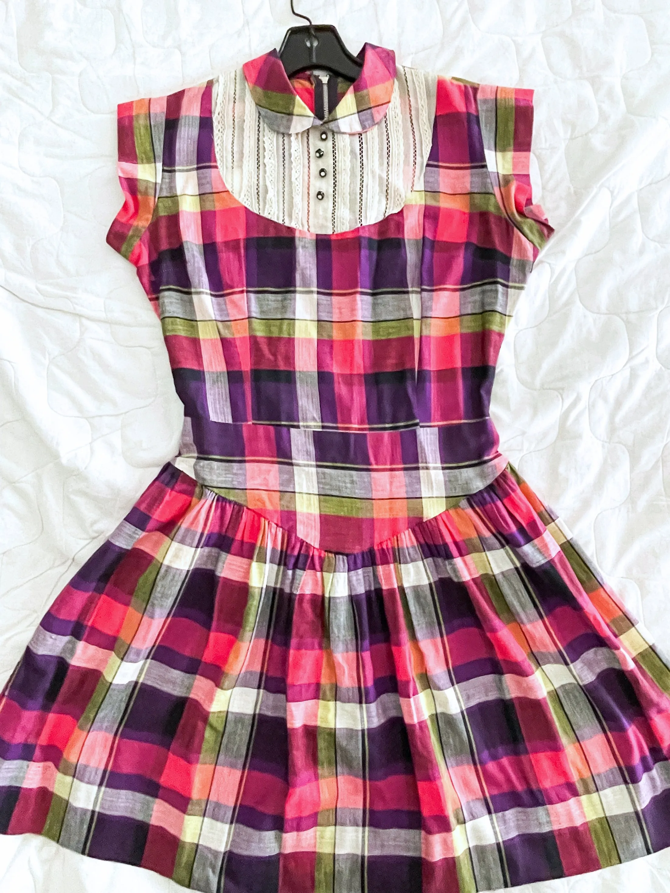 Vintage 50s Pink Plaid Mini Dress   Peter Pan Collar, Rhinestone Buttons, Girls/Teen