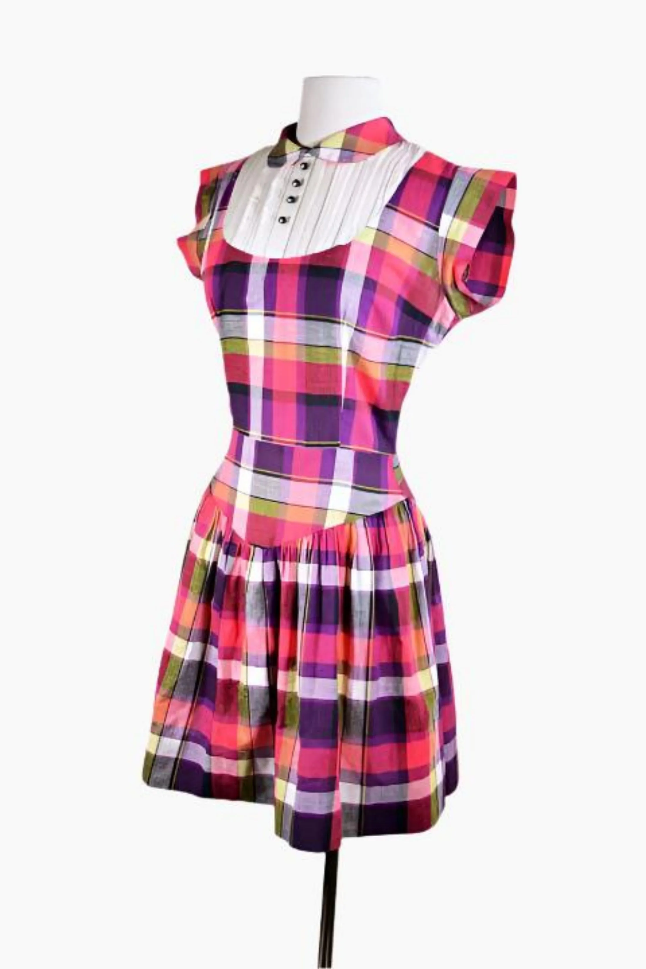 Vintage 50s Pink Plaid Mini Dress   Peter Pan Collar, Rhinestone Buttons, Girls/Teen