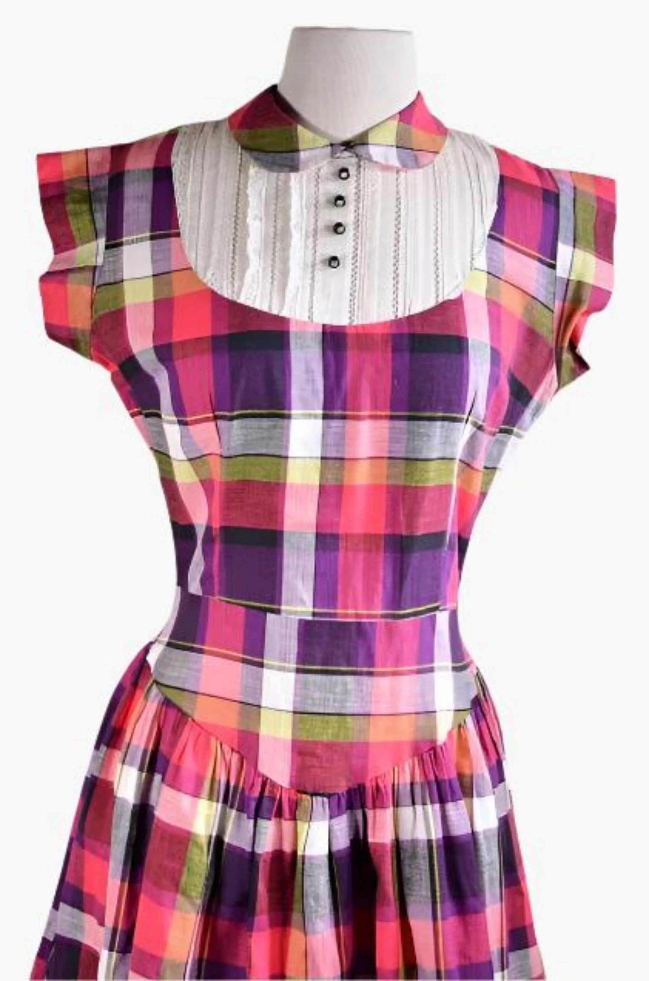 Vintage 50s Pink Plaid Mini Dress   Peter Pan Collar, Rhinestone Buttons, Girls/Teen