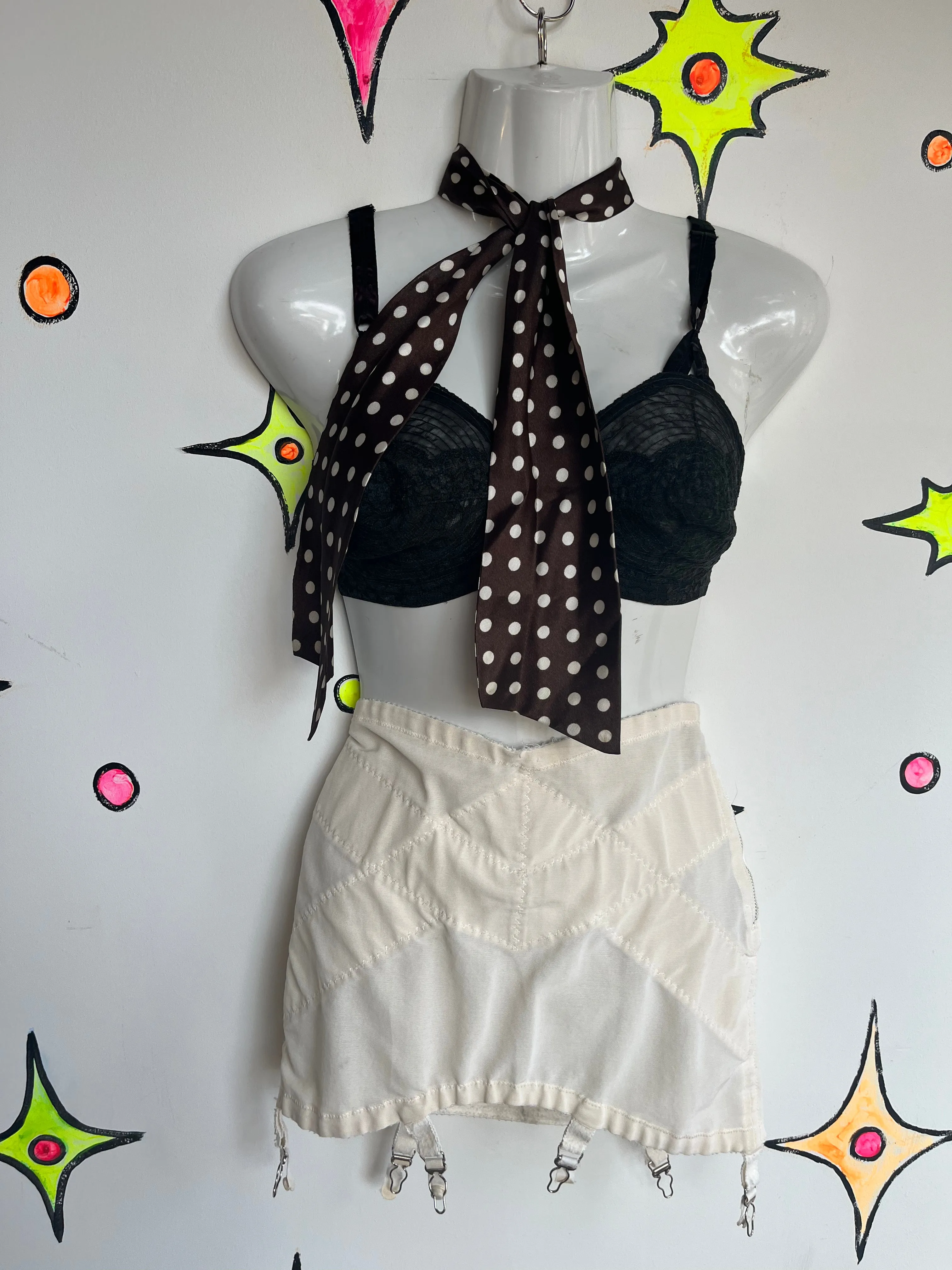 Vintage 60s Brown Long Polka Dot Scarf