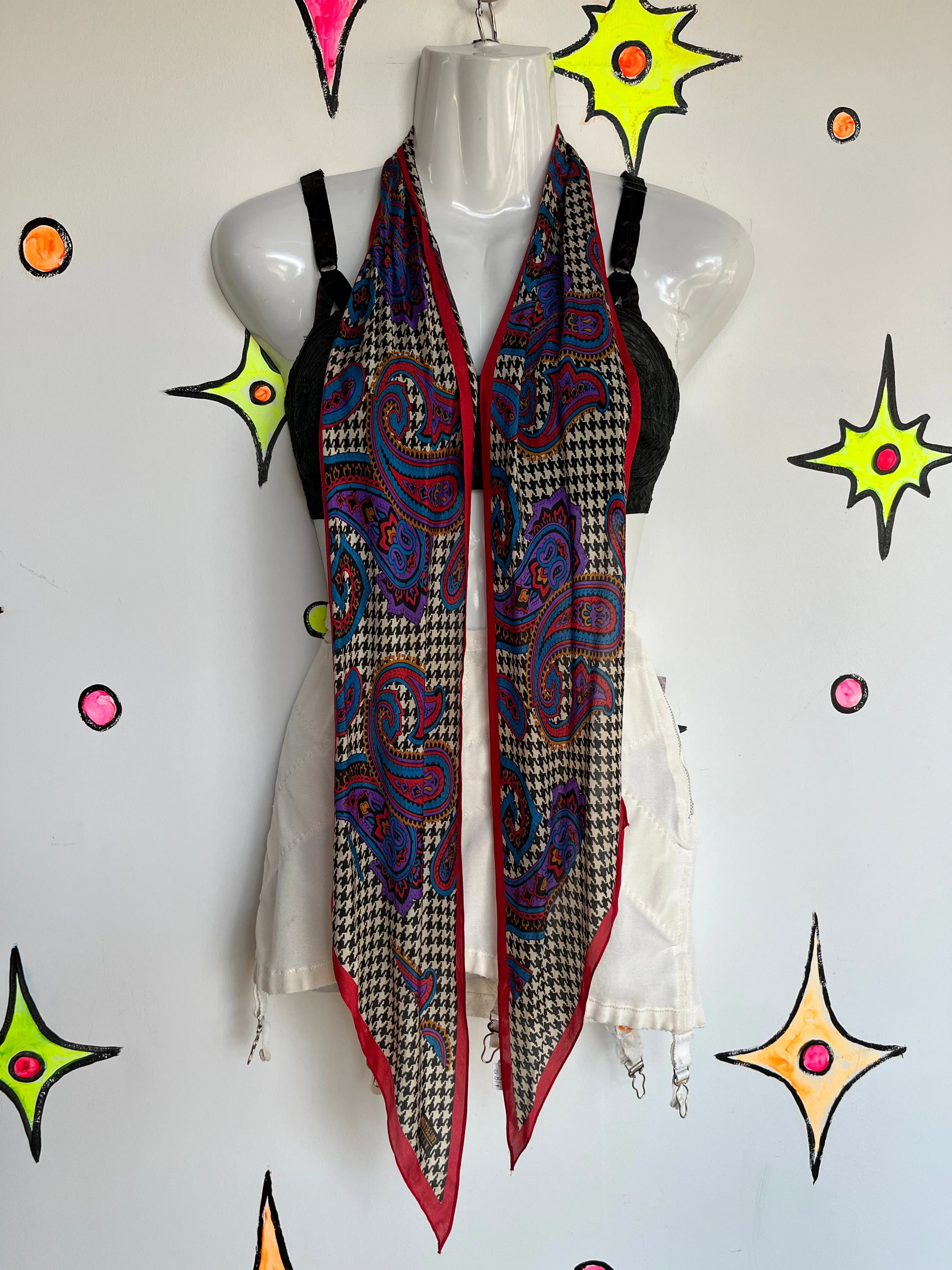 Vintage 80s 90s Checkered Paisley Maximalist Long Silk Scarf