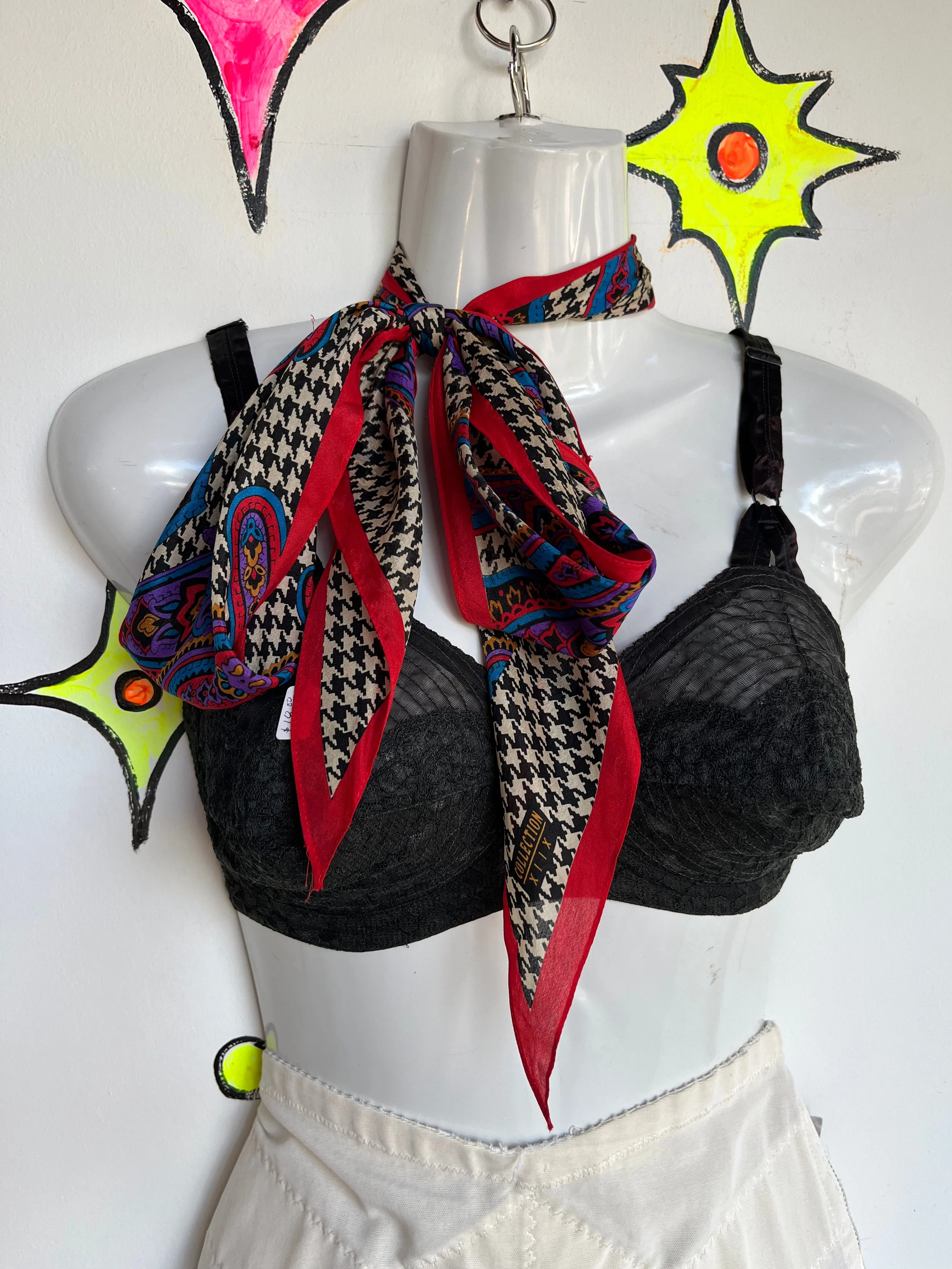 Vintage 80s 90s Checkered Paisley Maximalist Long Silk Scarf