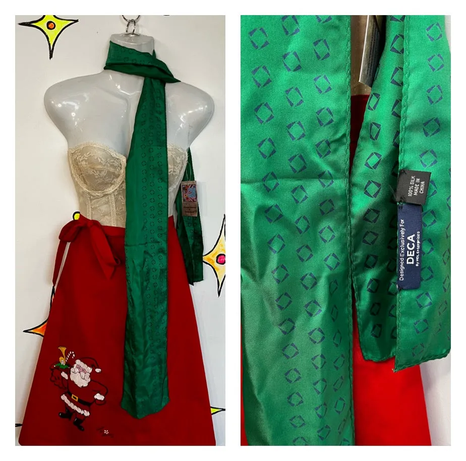 Vintage 80s | Green Long Geometric Print Silk Scarf