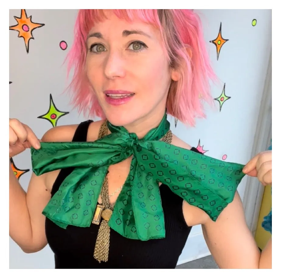 Vintage 80s | Green Long Geometric Print Silk Scarf